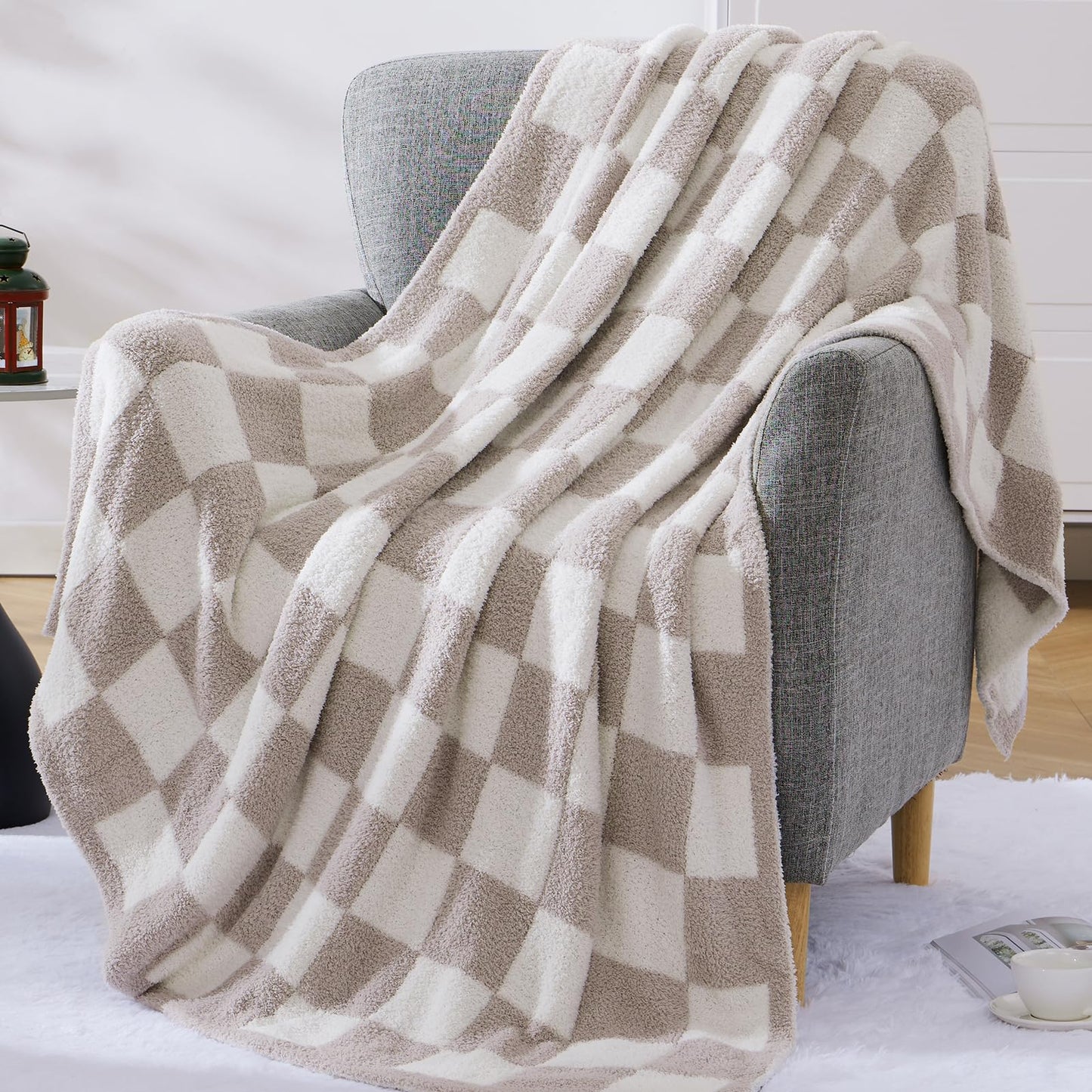 WRENSONGE Checkered Throw Blanket, Taupe Microfiber Soft Cozy Fluffy Warm Hand Made Throw Blankets for Couch, Sofa, Chair, Bed, Camping, Picnic, Travel Lightweight Bed Blanket - 50"*70"