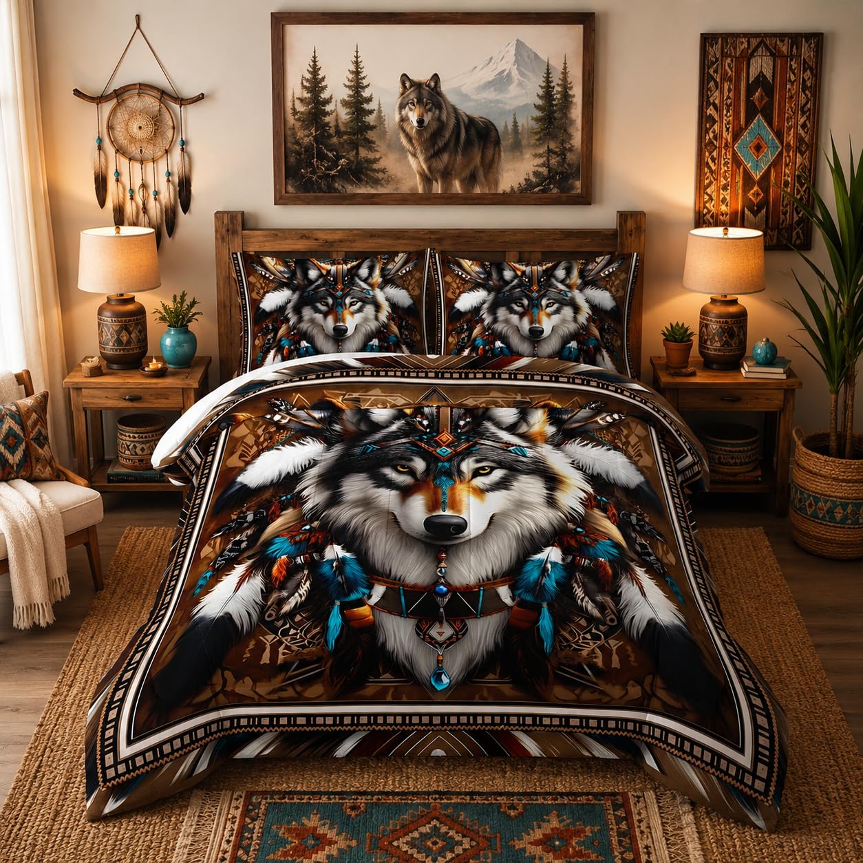 HOSIMA Wolf Twin Comforter Set,Tribe Decoration Print Animal Bedding for Teens Boys Room Decor,Lightweight Fluffy Dreamcatcher Feather Pattern Wolf Bedding Set for Kids with 2 Pillowcases.
