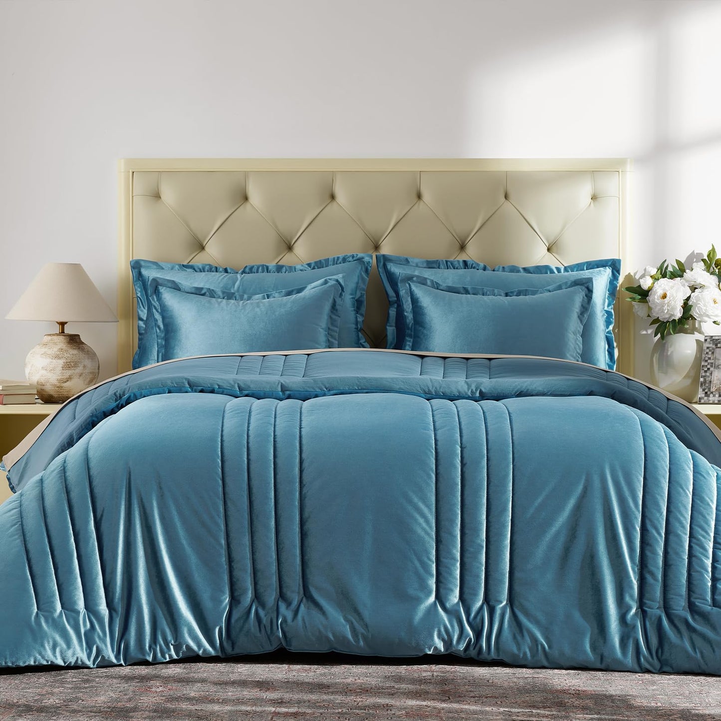 Blue Velvet Bedding Comforter Sets: Queen Size 3 Piece Luxury Ultra Soft Bed Set Suitable for All Seasons - Grayish Blue Cozy Striped Modern Rustic Lightweight Men Women Bedroom Comforter with 2 Shams