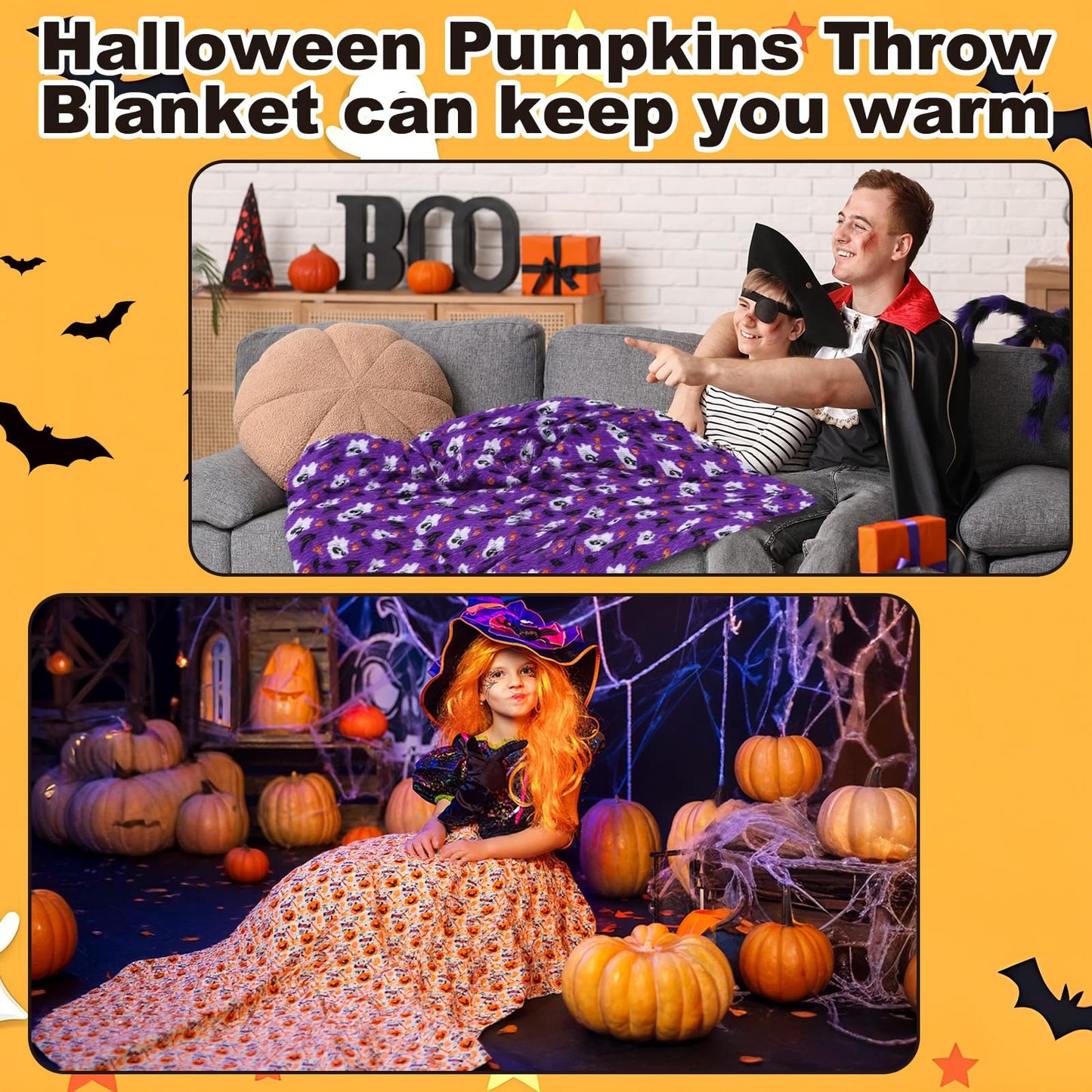 Fanfanwin 6 Pack Halloween Throws Blanket in Bulk Halloween Flannel Blanket Pumpkin Ghost Black Cat Lightweight Throw Soft Warm Fluffy Plush Quilt for Living Room Couch Dorm, 50 x 60 Inch