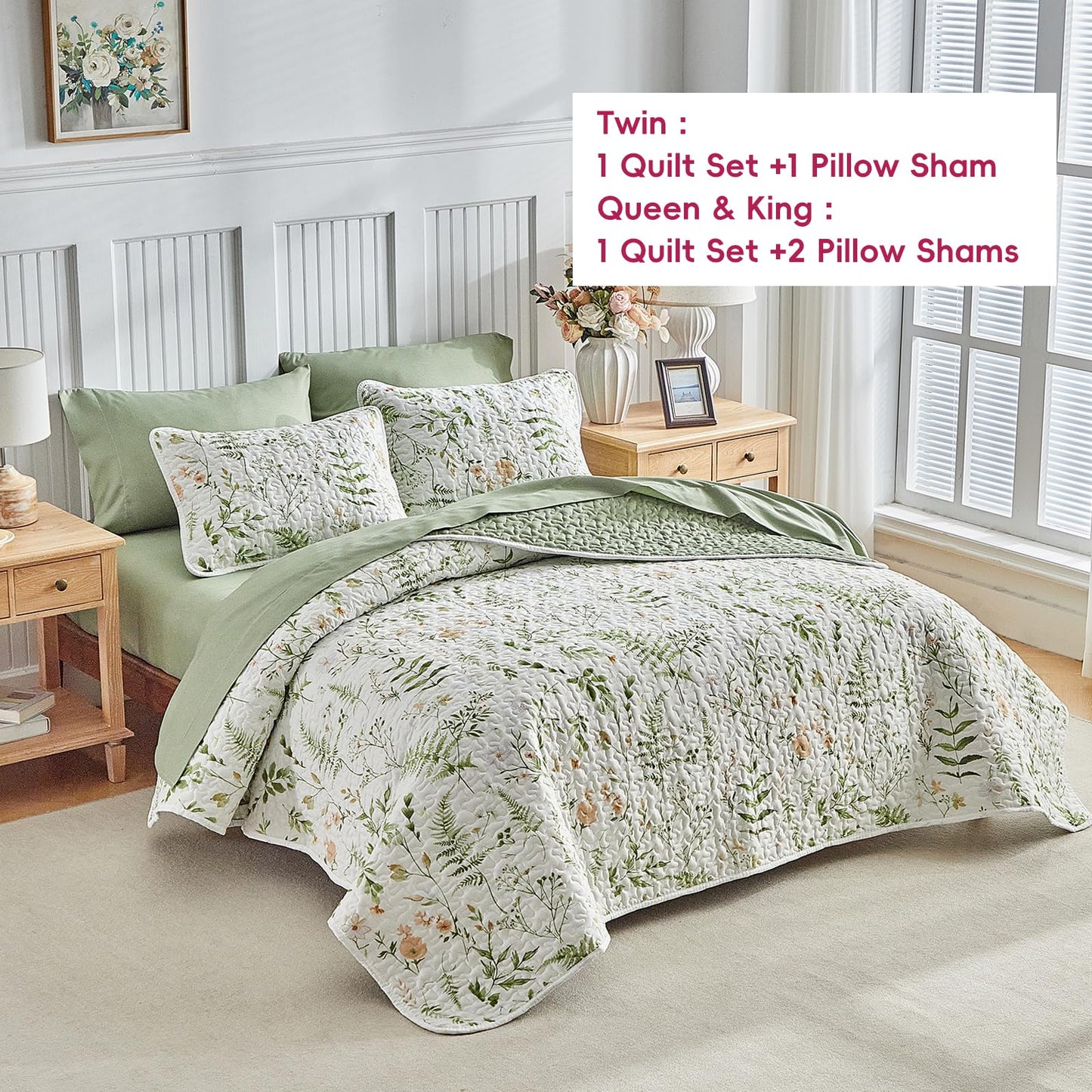 Floral Quilt Set 3 Piece Flower Quilt Sets Queen Size - Reversible Microfiber Quilt with 2 Shams Soft Breathable Botanical Bedding Spring Bedspread Coverlet Summer Comforter All Season Orange Green