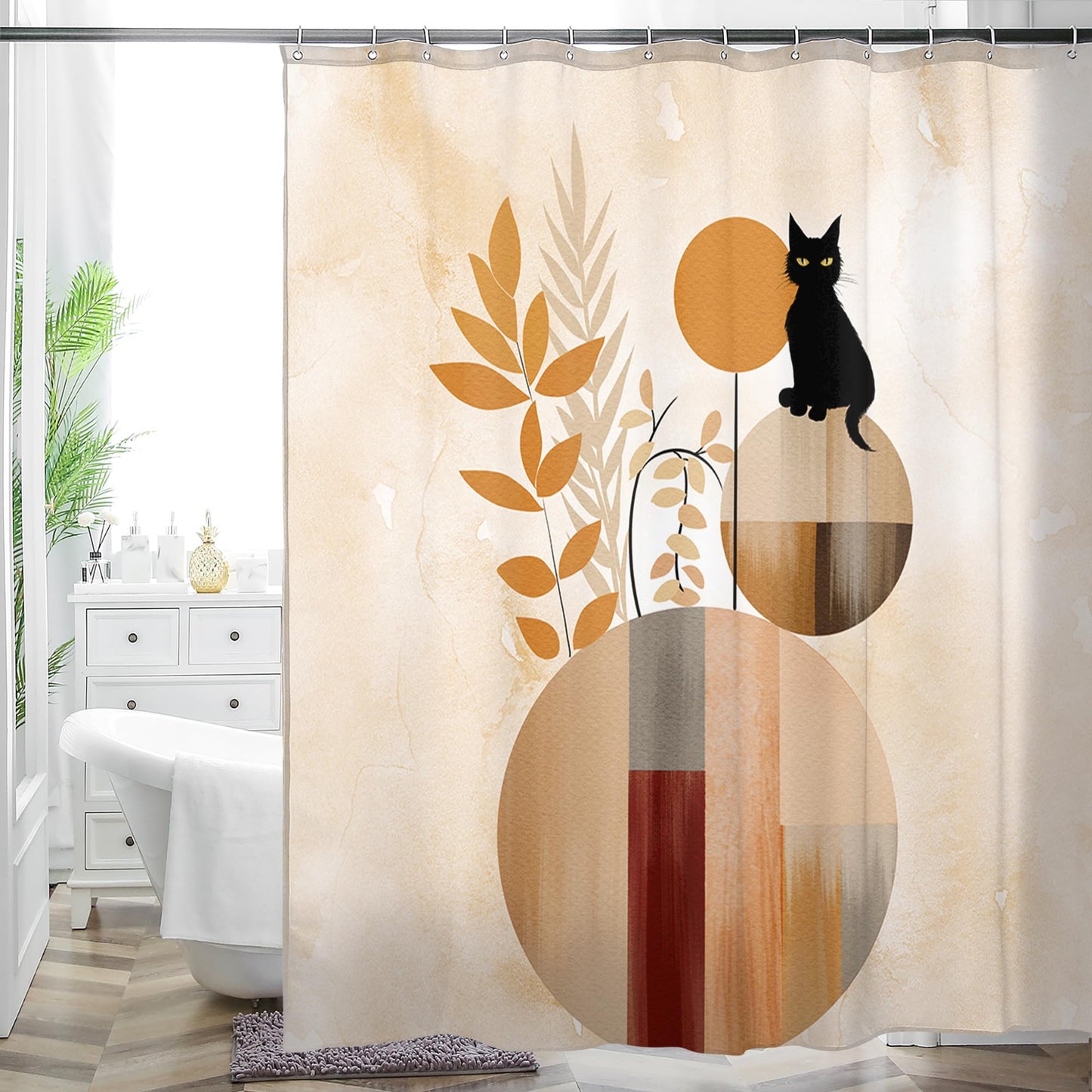 HMS Happy Memories Bohemian Plant Boho Floral Print Shower Curtain, Polyester Fabric Cloth for Bathroom Decor 72×72 Inch Standard Size with 12 Hooks, Also as Room Divider (Leaf Cat)