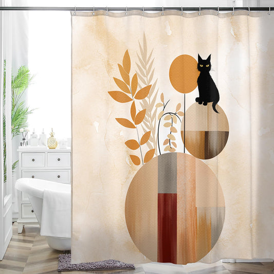 HMS Happy Memories Bohemian Plant Boho Floral Print Shower Curtain, Polyester Fabric Cloth for Bathroom Decor 72×72 Inch Standard Size with 12 Hooks, Also as Room Divider (Leaf Cat)