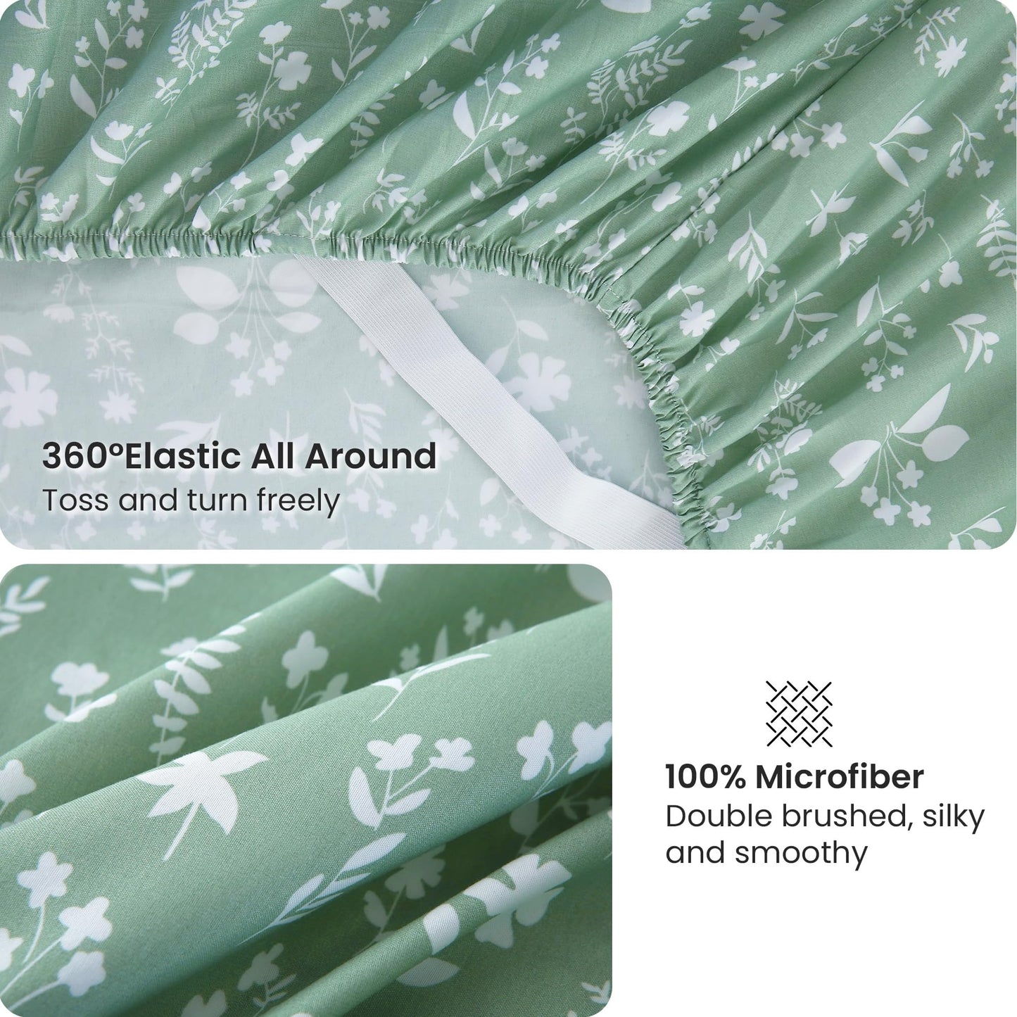Viviland Sage Green Full Sheet Set - 4 Piece Vintage Green Flower Patterned Bed Sheets - Soft, Breathable Microfiber Floral Sheets with Deep Pocket, Non-Slip Fitted Sheets & Pillowcases