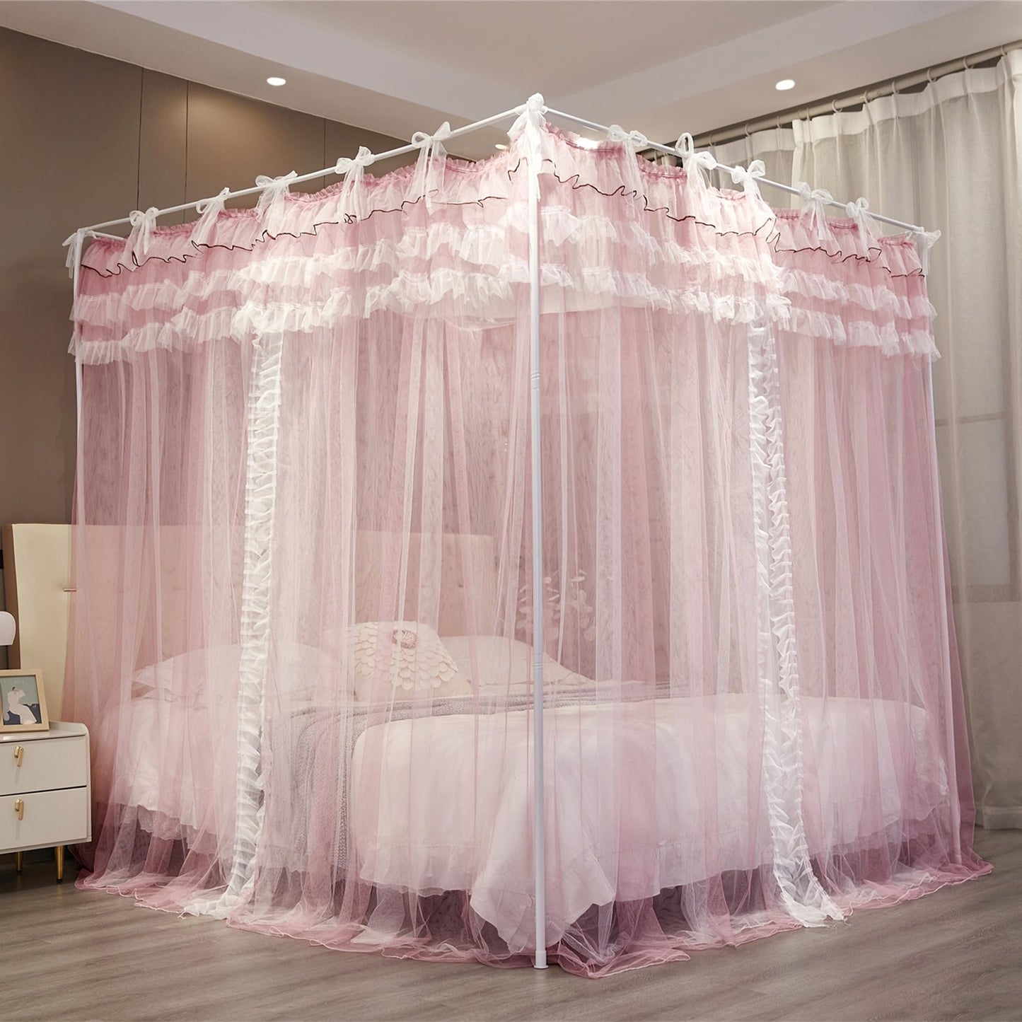 NXGIO Bed Canopy Curtain Double Layer 4 Corners Post Lace Up Ruffle Princess Drape Netting 4 Opening Mosquito Net for Girls Bedroom Decoration (Pink/White, 53" W*78" L*82" H/Full)