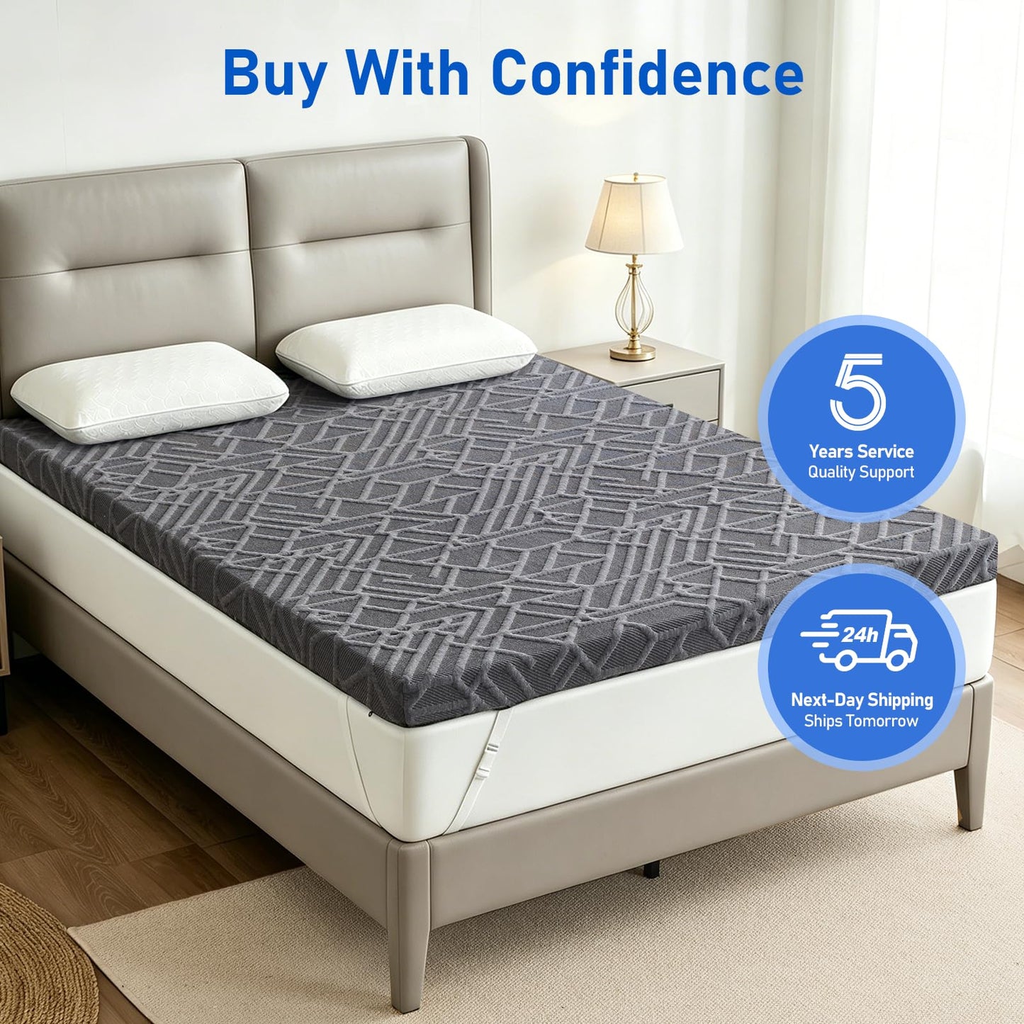 Extra Firm Mattress Topper Queen: 3 Inch High Density Foam for Back Pain Relief, Extra Support Mattress Pad, Cooling Breathable Washable Anti-Slip Cover, CertiPUR-US Oeko-Tex Certified 80x60 Grey