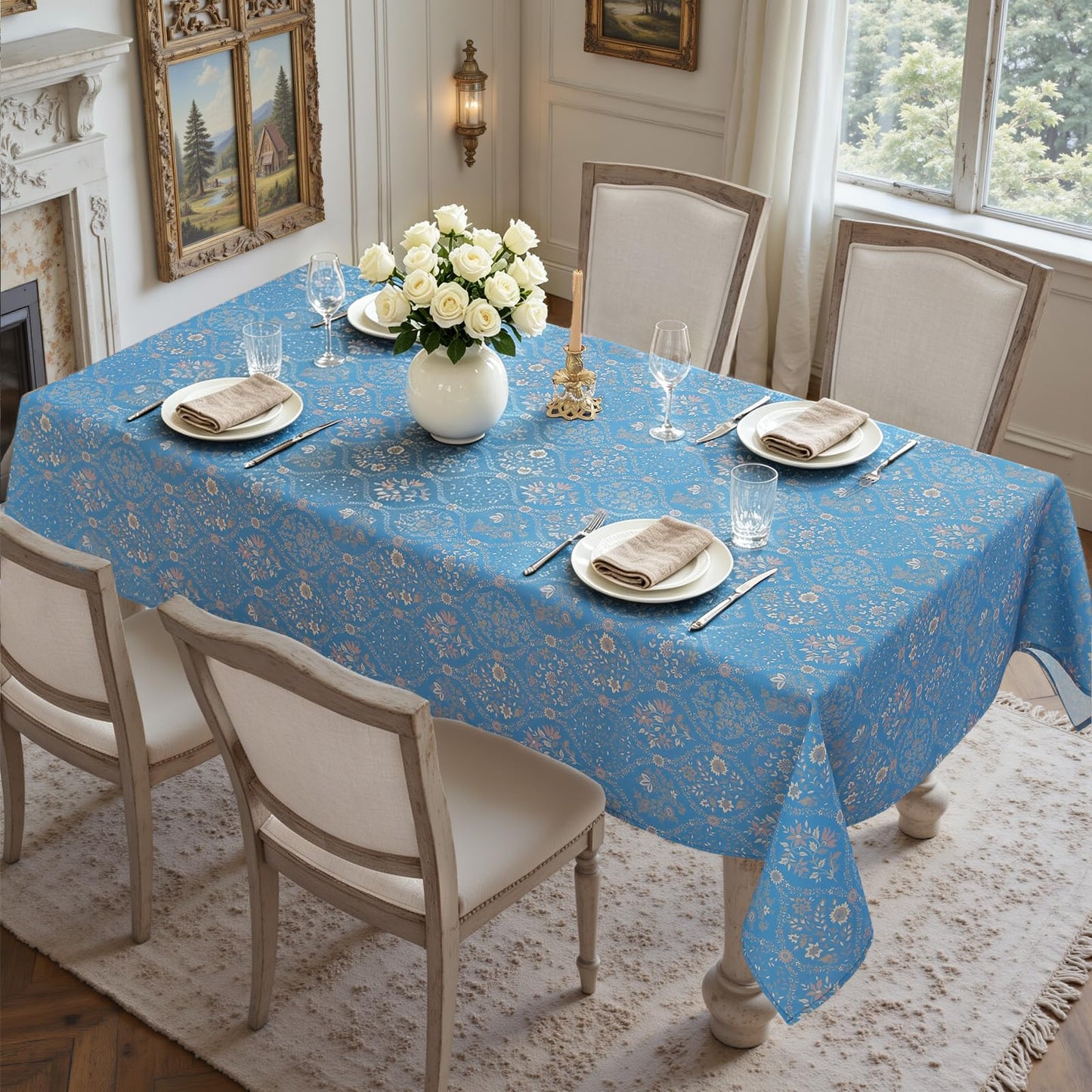 Honellaty Blue French Vintage Floral Rectangle Tablecloth, 60 x 102 Inch