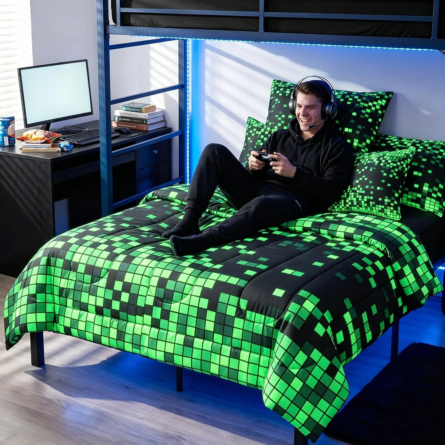 Feelyou Green Black Pixel Art Comforter Set with Sheets 7 Piece Twin Size Gamer Bedding Set for Kids Boys Girls Retro Pixel Bed in a Bag Nostalgic 8-bit Room Decor Soft Lightweight Microfiber