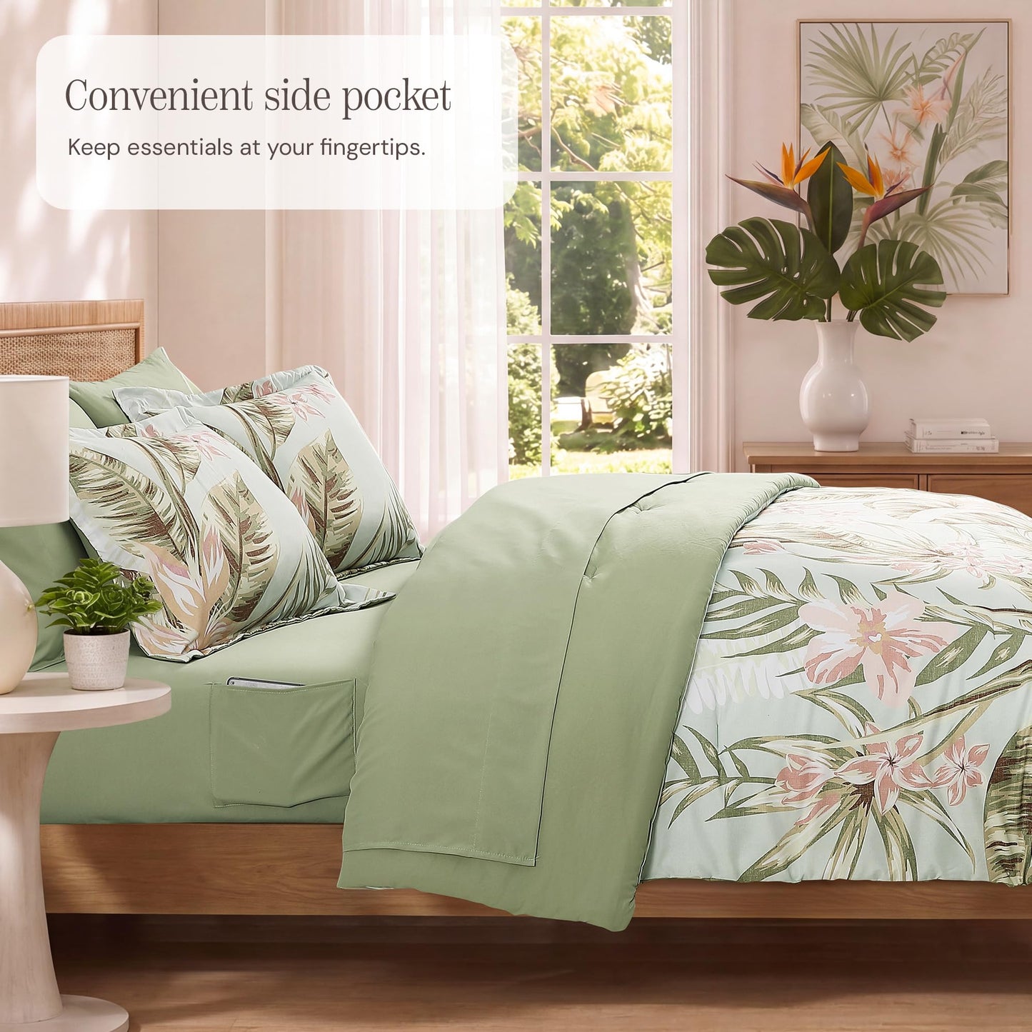 BLOOMHAVEN Queen Comforter Set -7 Pieces Palm Leaf Bedding Set for All Seasons, Bed in a Bag with Tropical Flowers Comforter, Sheets, Pillowcases & Shams