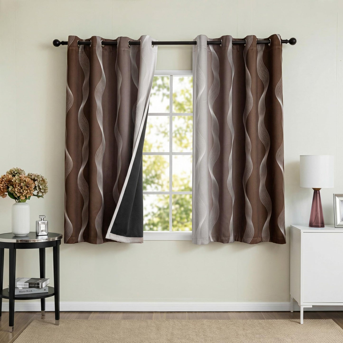 MYSKY HOME Brown and Greyish White 95% Blackout Ombre Curtains 63 inch Length 2 Panels for Bedroom Black Out Thermal Insulated Wave Line Foil Print Design Gradient Drapes for Office Classroom, W 52"