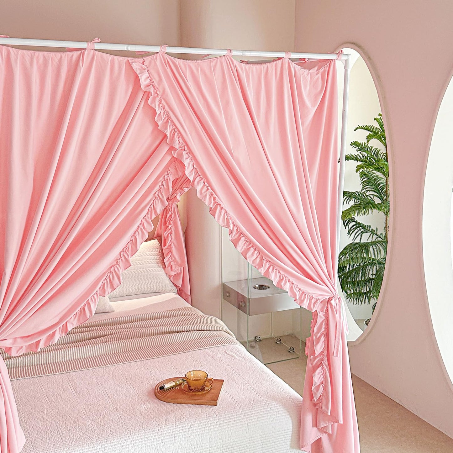 AIKASY Princess Canopy Bed Curtains with Top Ties - Windproof & Lightproof for Girls' Adult Bedroom Decor | Bed Canopy Drapes (Full,Pink)