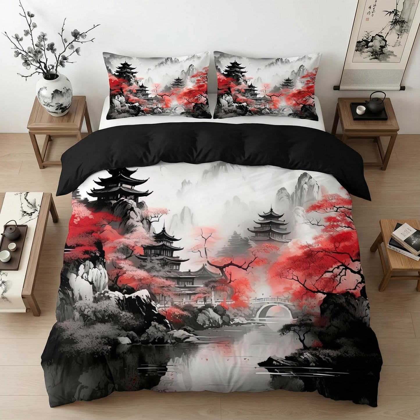 CCoutueChen Asian Chinese Comforter Set Queen Size Japanese Traditional Bedding Set with Watercolor Landscape Painting, 3 Pcs All Season Soft Microfiber Bed Set Black Red