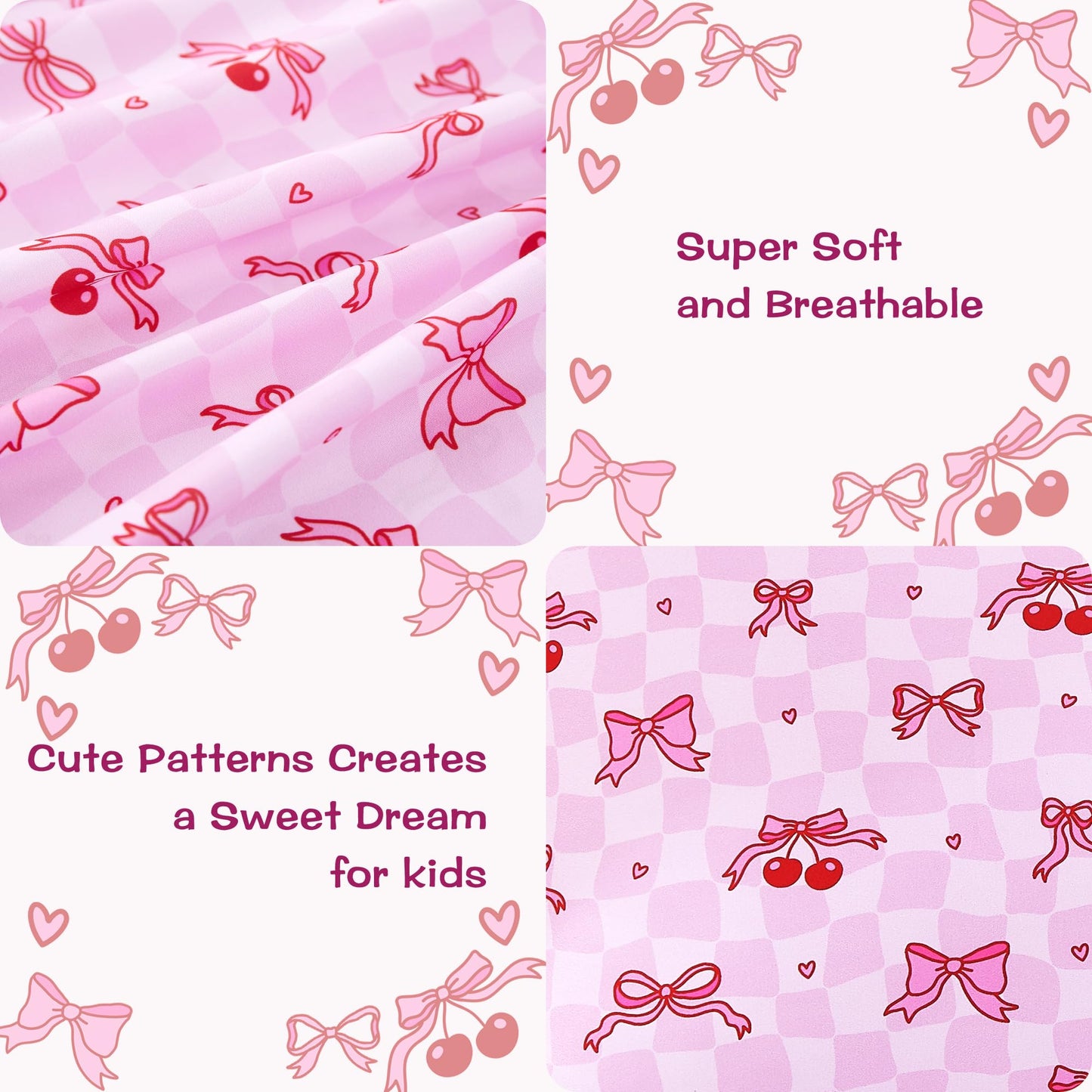 lasoftan Kids Sheet Set Twin Size, Twin Sheet Set with Pink Cherry Pattern，Breathable Silky Soft Microfiber Kids Fitted Sheet