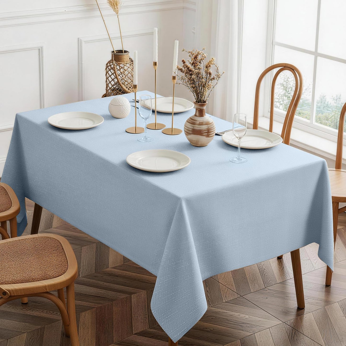 Yuruku Heavy Duty Faux Linen Tablecloth Rectangular 60 x 84 Inch Light Blue