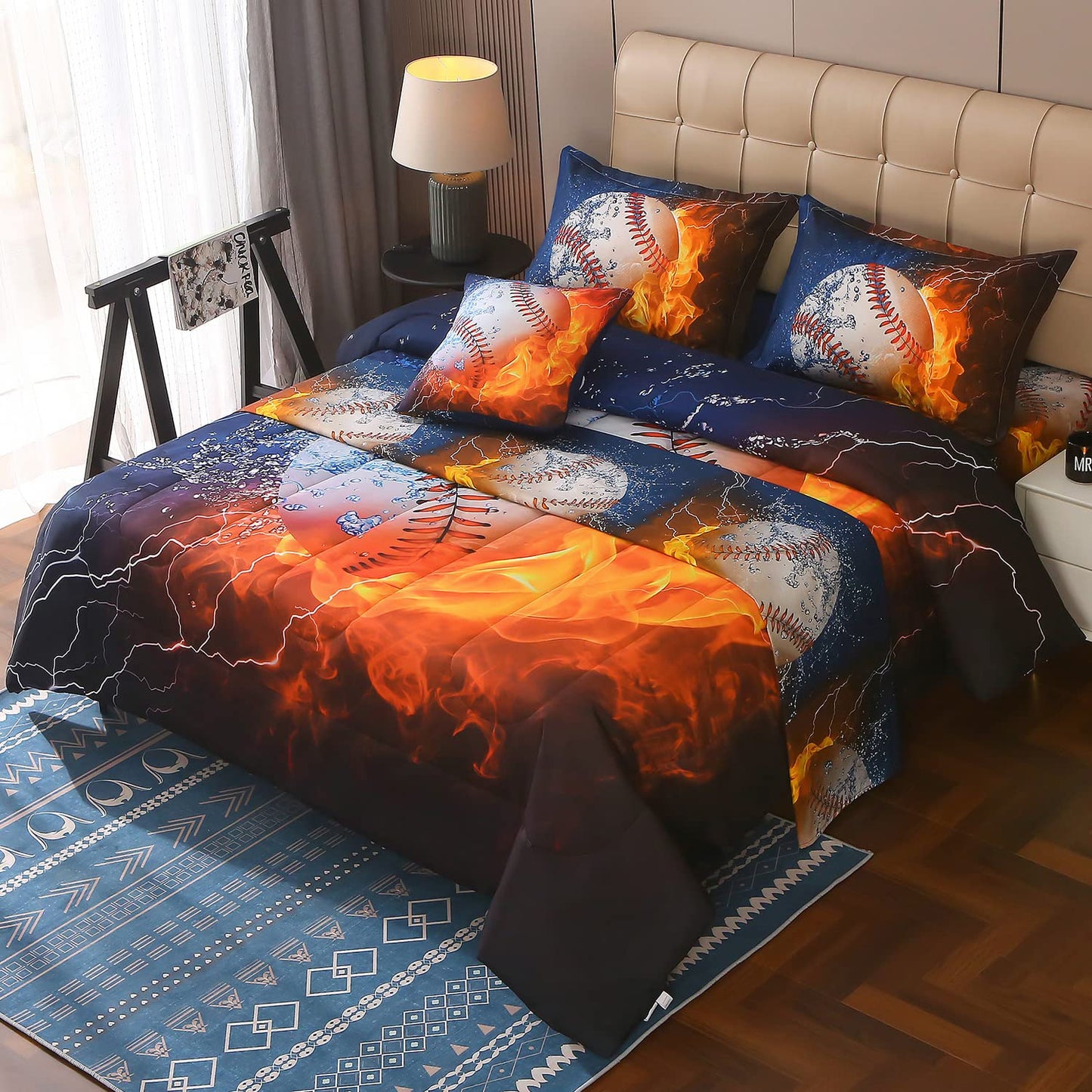 JQinHome Queen Baseball and Fire Comforter Sets for Boys,6 Piece Bed in A Bag 3D Sport Themed Bedding -All Season Soft Microfiber Bedding Sets with Sheets