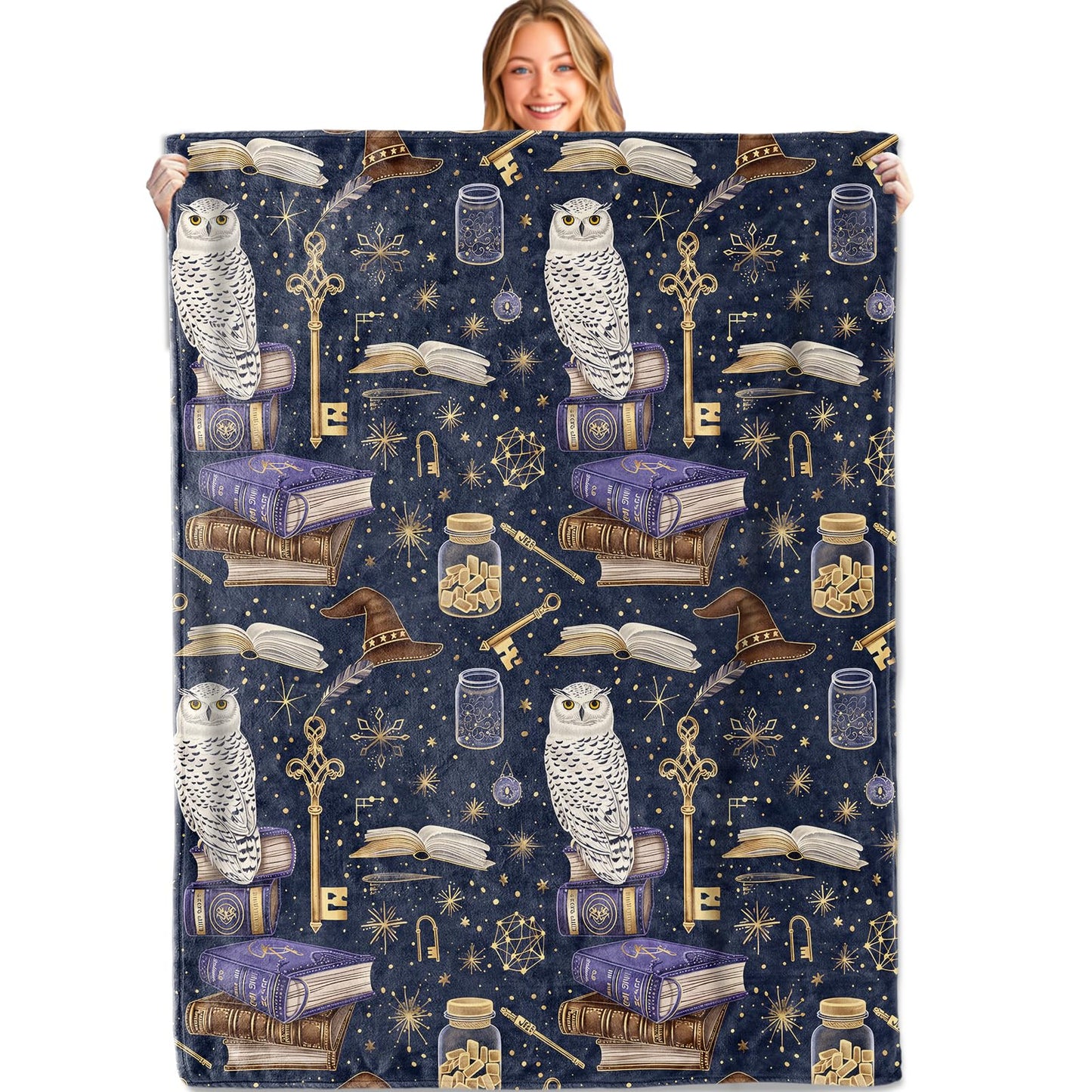 MIEPOS Gothic Magic Owl and Spell Book Throw Blanket, 50x60in, Soft, Lightweight Flannel,Mystical Wizard Library Witch Hat Blankets, for Home Living Room Decor