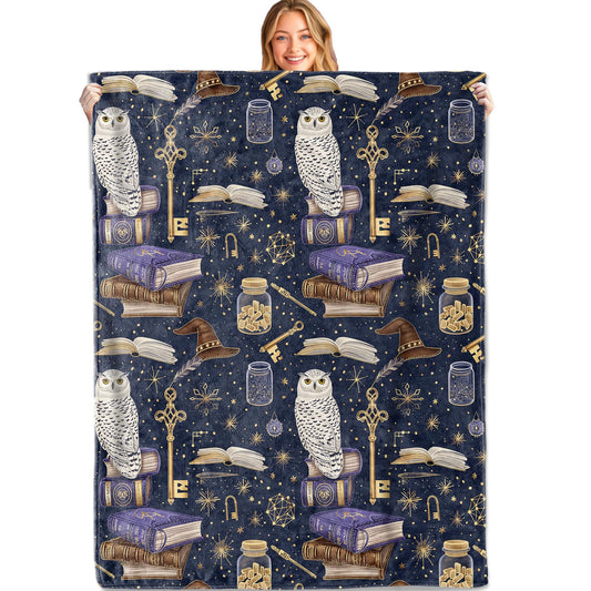MIEPOS Gothic Magic Owl and Spell Book Throw Blanket, 50x60in, Soft, Lightweight Flannel,Mystical Wizard Library Witch Hat Blankets, for Home Living Room Decor