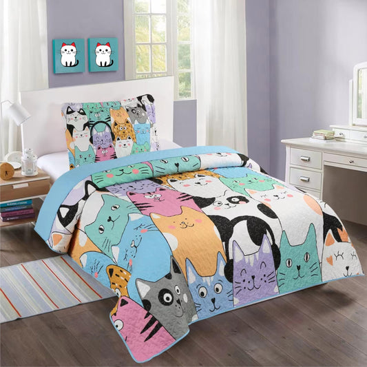 MarCielo Kids Bedspread Set Cat Quilt Blanket for Teens Girls Boys Bedding Coverlet (Twin, Cat)