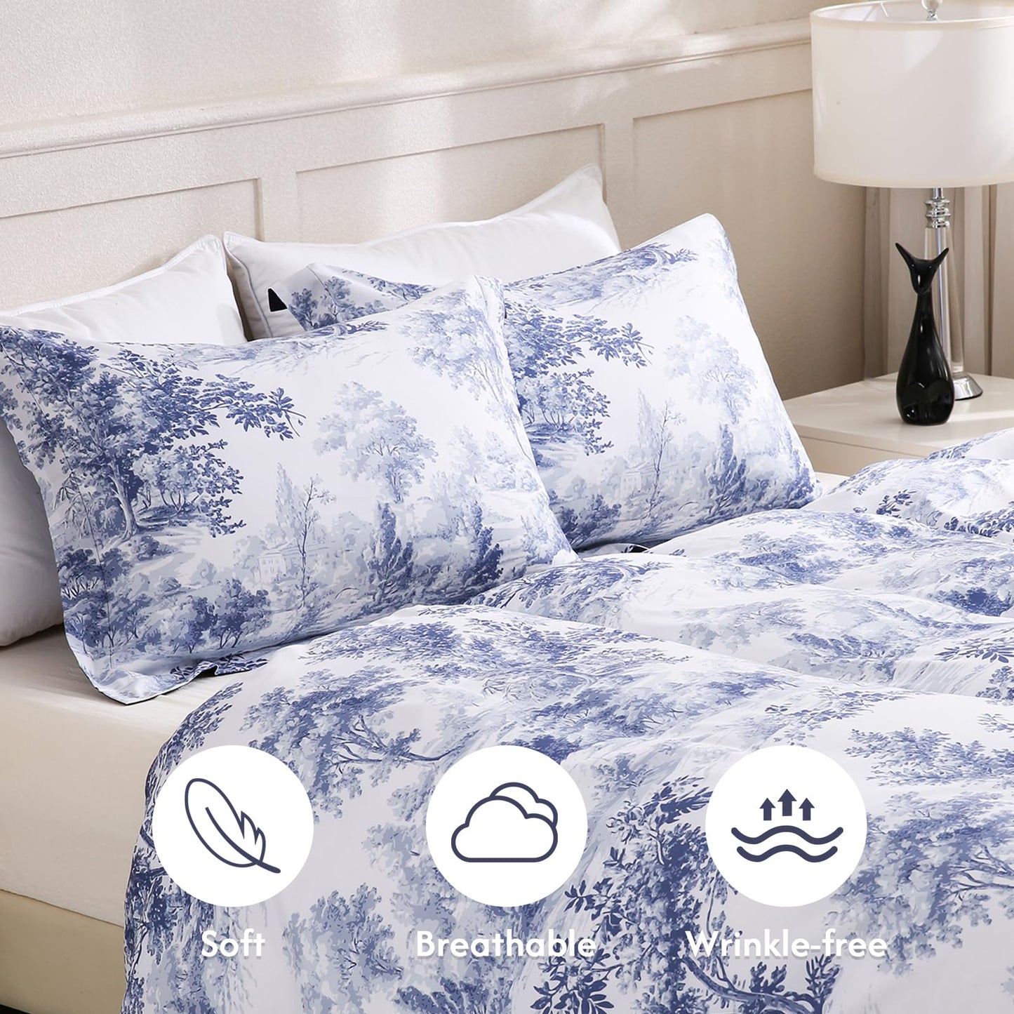 LONAVA Queen Botaincal 3 Pcs Duvet Cover Set, Breathable Soft Microfiber Navy Lining Comforter Cover with Zipper Closure, and 2 Anti-Pilling, Fade Resistant Pillowcases, Blue Forest