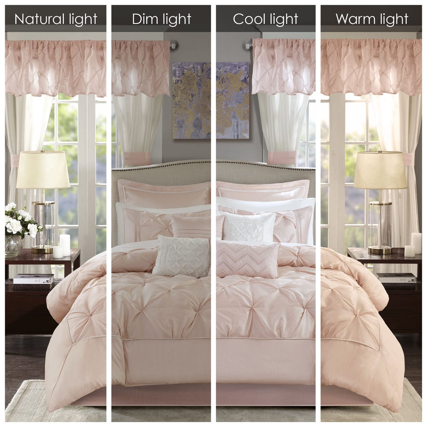 Madison Park Essentials Room in a Bag Faux Silk Comforter Set - Luxe Diamond Tufting All Season Bedding, Matching Curtains, Decorative Pillows, Blush King(104"x92") 24 Piece