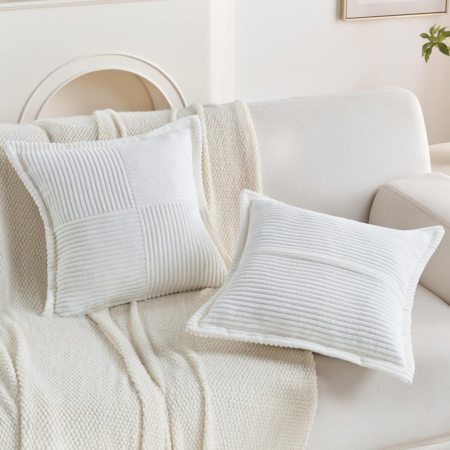 HAUSSY 2 Pack Pillow Covers 18x18 Inch, Corduroy Decorative Throw Pillows Soft Boho Striped Solid Couch Cushion Covers Home Decor Modern Pillow Cases for Living Room Sofa Bed, White (Covers Only)