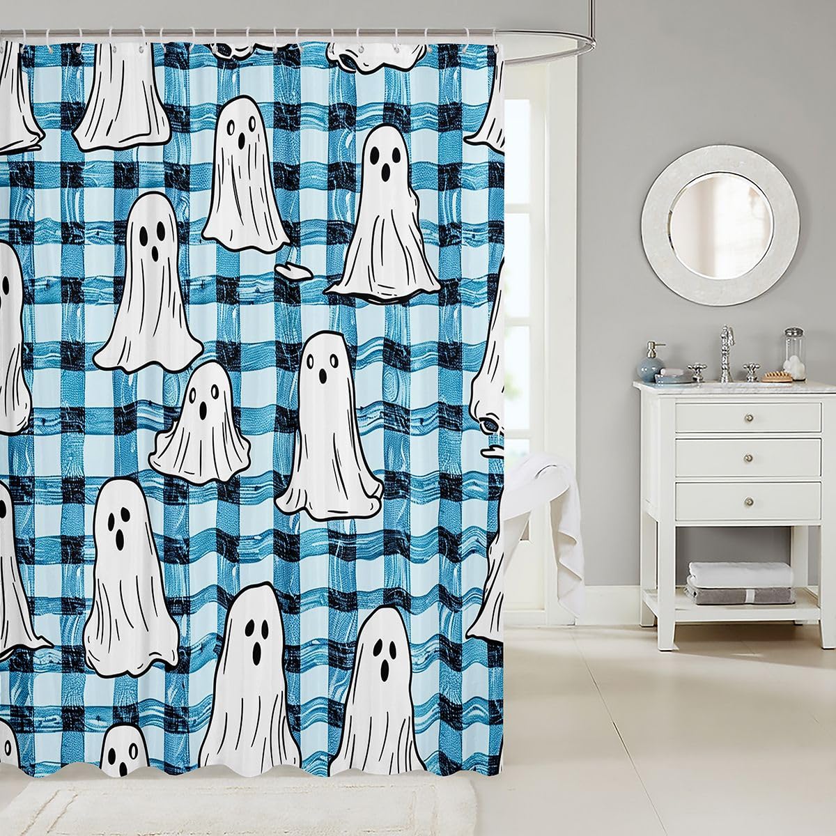 Feelyou Ghost Shower Curtains Halloween Bathroom Curtain for Kids Women Men Blue Maze Lattice Bathroom Accessories Goth Waterproof Polyester Fabric for Stalls Bathtubs 72"x78"