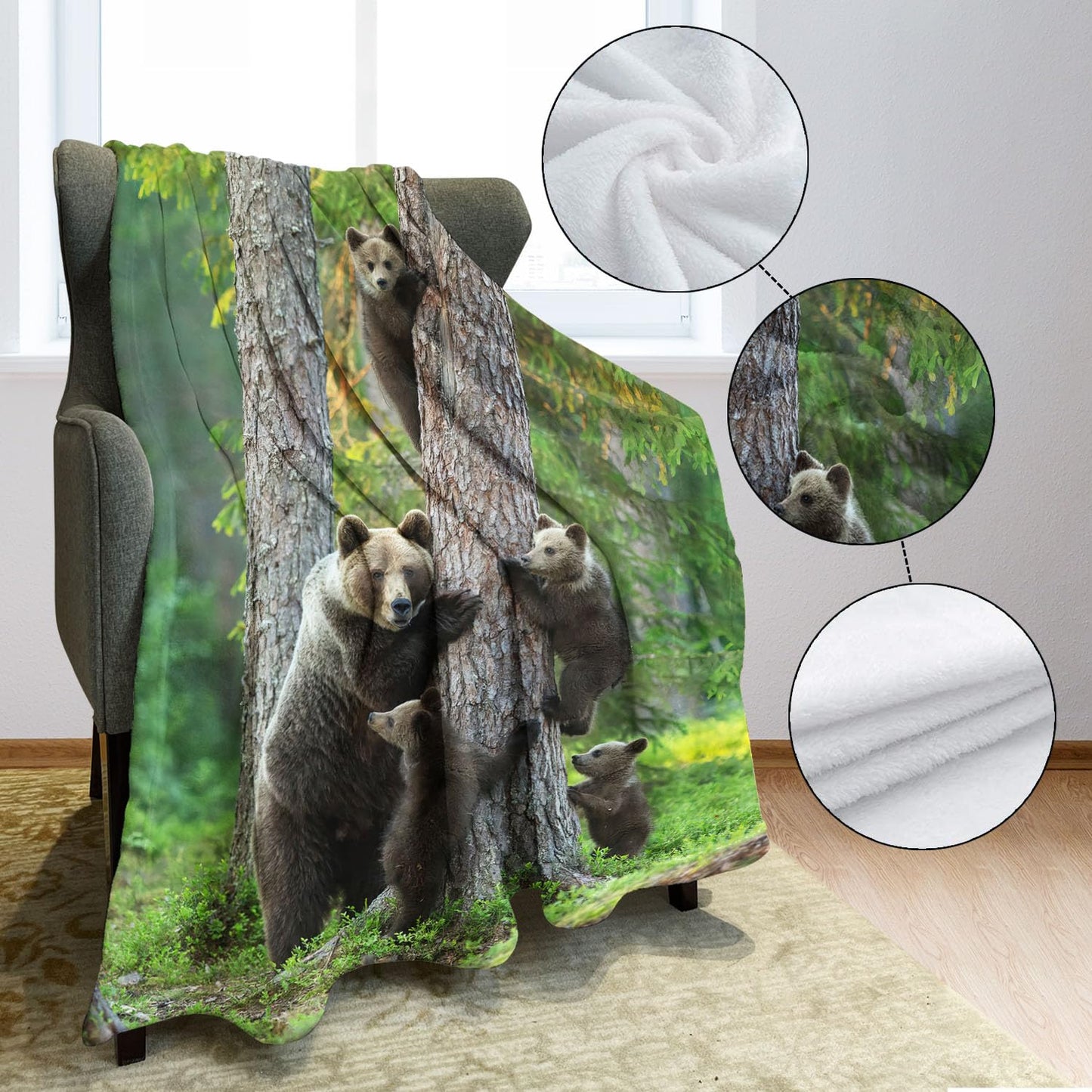 KLRIGR Wildlife Brown Bear Throw Blanket, Soft Flannel Blanket with Bear Cubs Climbing Tree, Cozy Forest Nature Print for Couch Bed Home Decor, 60"x80"