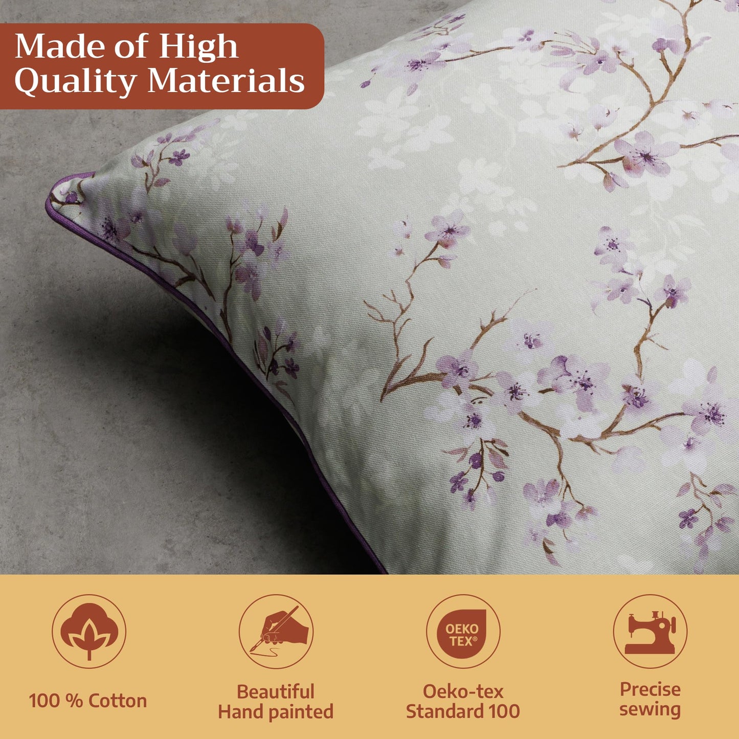 Maison d' Hermine Decorative Pillow Covers 18 x 18 inch Square 100% Cotton Throw Pillow Covers with Invisible Zipper for Living Room Couch Chair Sofas Spring Summer (Blossoms in Spring - Lavender)