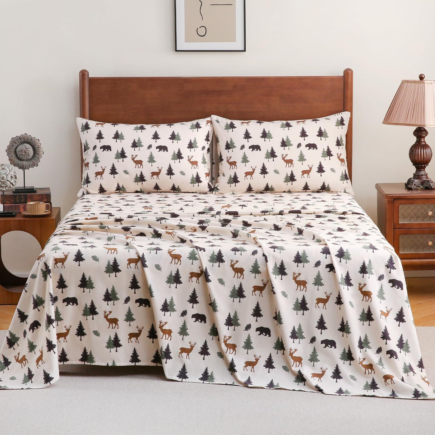 LONAVA 100% Cotton Flannel Sheet Set 4 Pieces, Heavy-Duty Fluffy Flannel Design, Thermal Lock Technology, 16 inch Deep Pocket Cozy Soft Bedsheets,(Twin,Fall Forest)