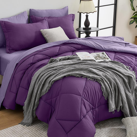 HEVUMYI Purple & Light Purple Queen Comforter Set - 7-Piece All Season Bed in a Bag Queen, Ultra Soft Bedding Set with Comforter, Flat Sheet, Fitted Sheet, Pillowcases, Pillow Shams