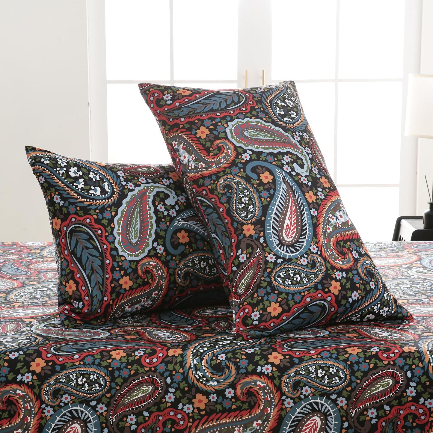 Yibeizi Queen Sheet Set Deep Pocket Queen Size Black Paisley Bed Sheets Set, Dark Floral Printed Soft Microfiber Oeko-Tex Sheets & Pillowcases Hypoallergenic Wrinkle Free Bedsheets