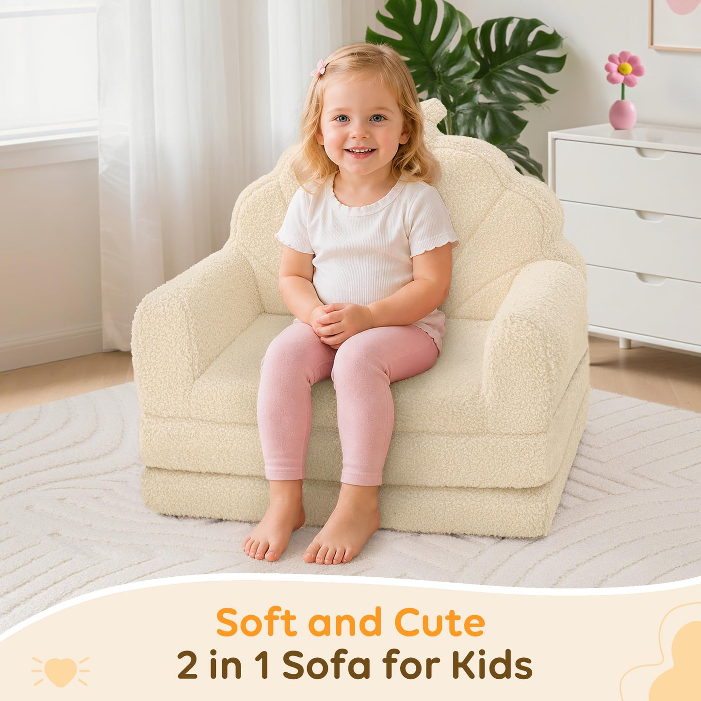 Airpanda Cozy Kids Couch and Chair, Fold Out Foam Sofa, Beige