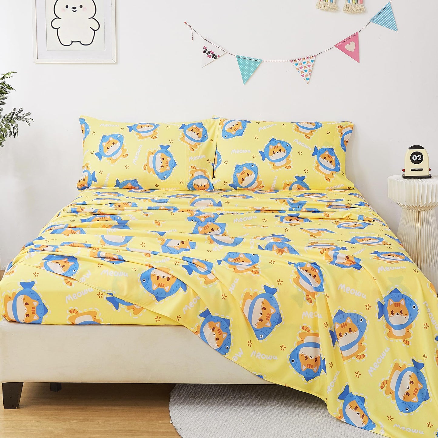 CozySmile Full Sheet Set Kids,4 Pieces Breathable Soft Microfiber Bedsheets for Child Boys Girls, Oeko-TEX, Anti Pilling Deep Pockets Easy Care Bed Sheets, Cat Fish