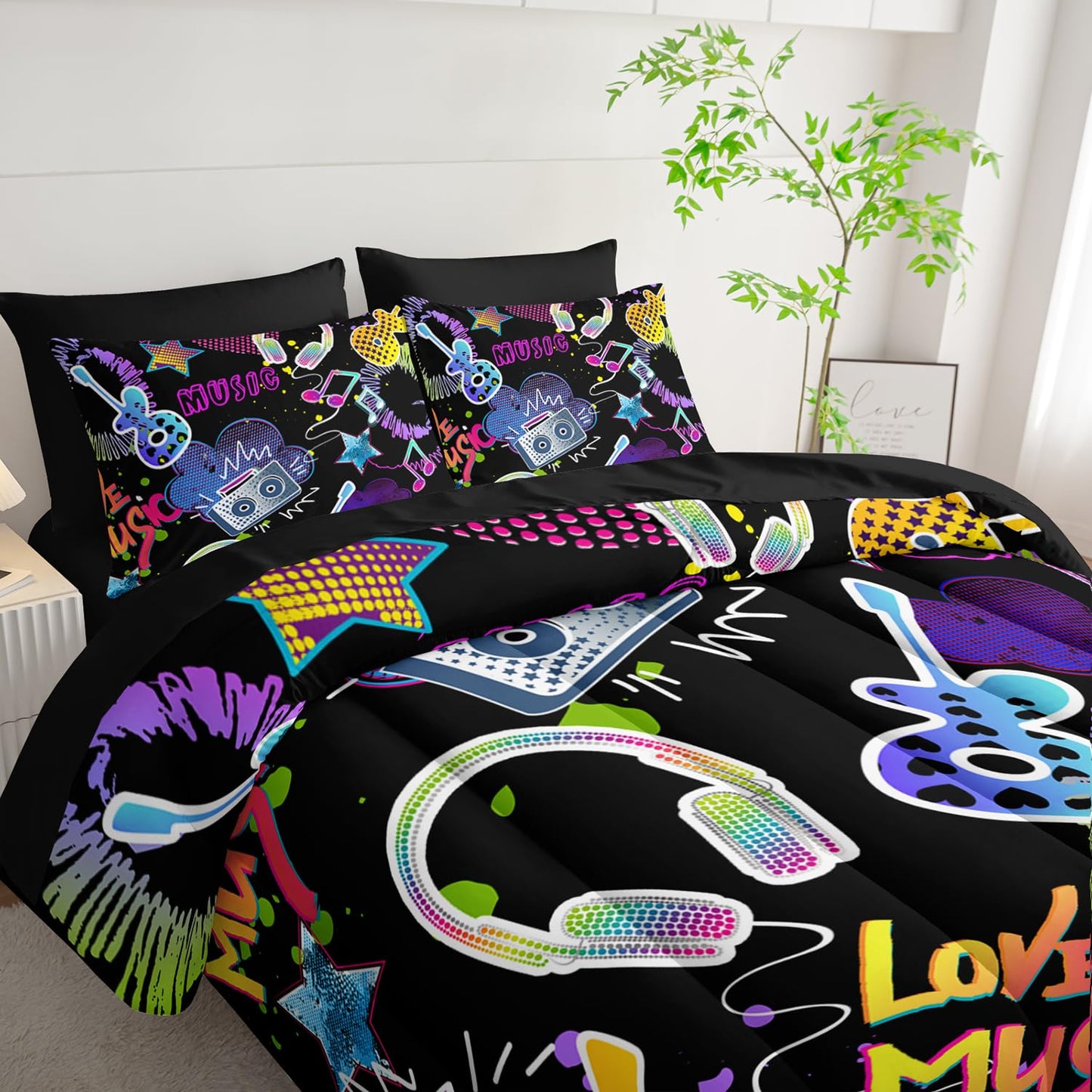 XYNHML Colorful Guitar Comforter 7Pcs Musical Note Headphone Radio Star Bedding Set for Kid Teen Girl Boy Adult Cartoon Rock Music Quilt Bed Set Twin with 2 Sheets,2 Pillowcases,2 Throw Pillow Covers