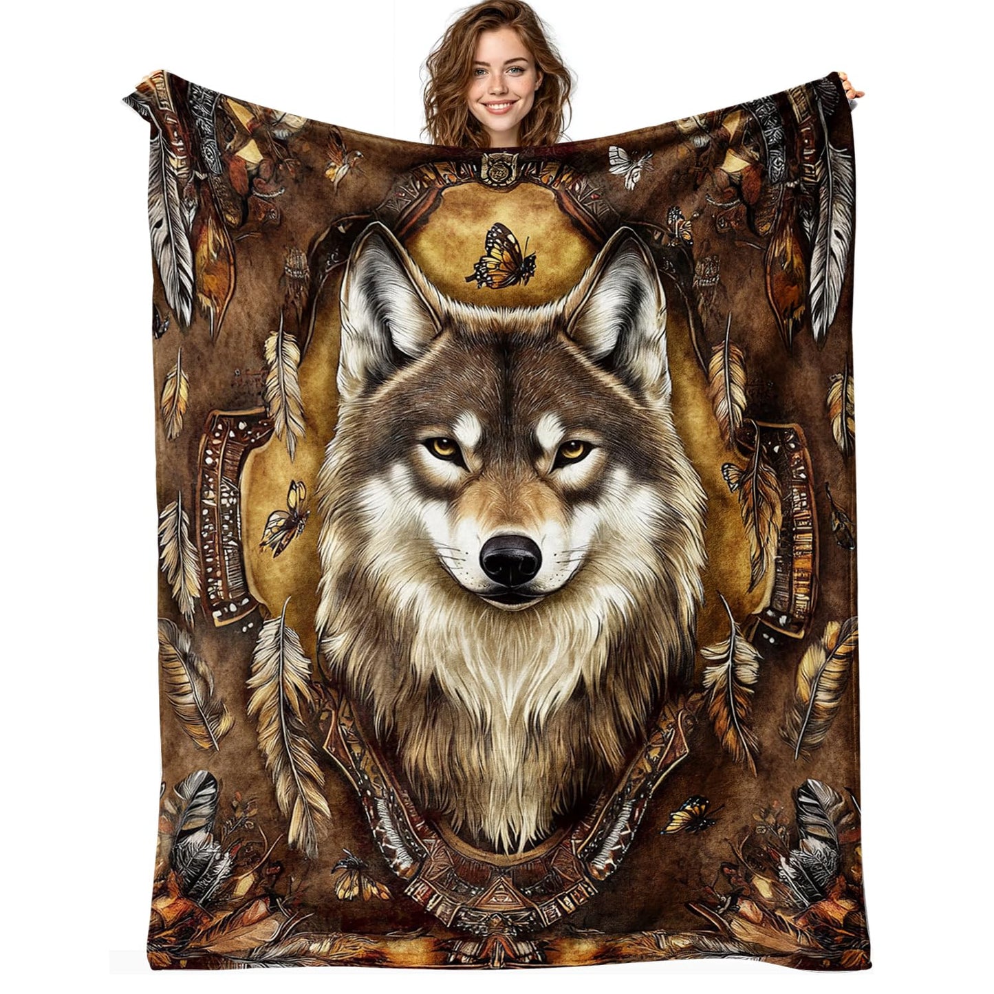 Indian Wolf Blanket Wolf Fleece Throw Blanket Super Soft Fuzzy Plush Cozy Warm Wolves Decor Stuffed Bedding Blankets Gift for Boys Girls Men Women Kids & Adult 50"x40"