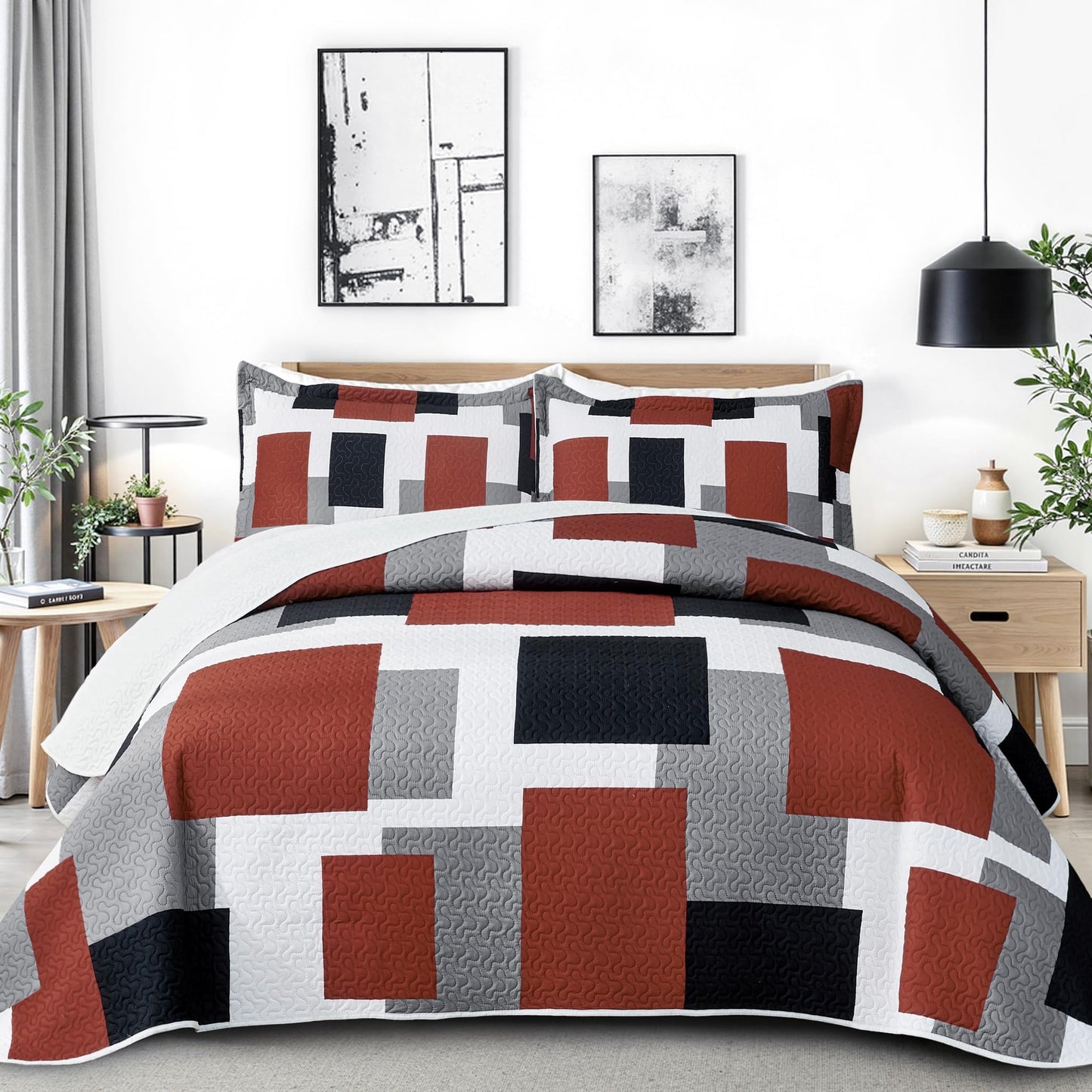 Tyrot 3 Piece Burnt Orange Grey Quilt Set King Size Black White Gray Geometric Reversible Bedding Set Microfiber Lightweight Bedspread Coverlet with 2 Shams Bed Covers for All Season, 106''x96''
