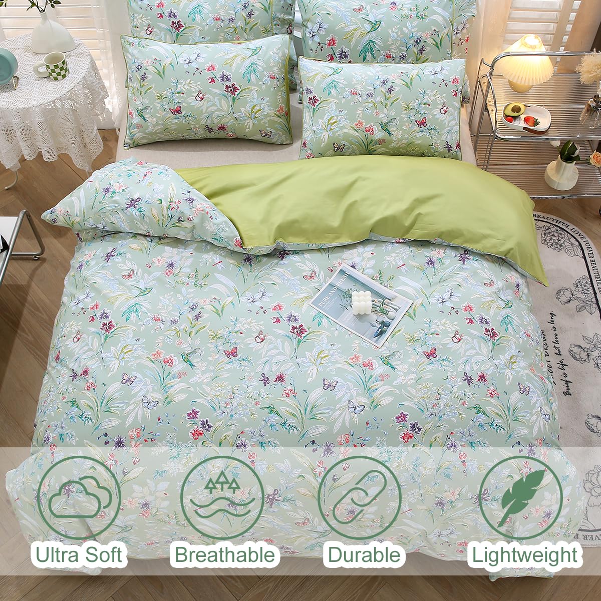URBONUR 100% Cotton Duvet Cover Set Twin Size 3 Piece Green Floral Butterfly Printed Bedding Set, Soft and Breathable Comforter Cover Sets, Twin Size