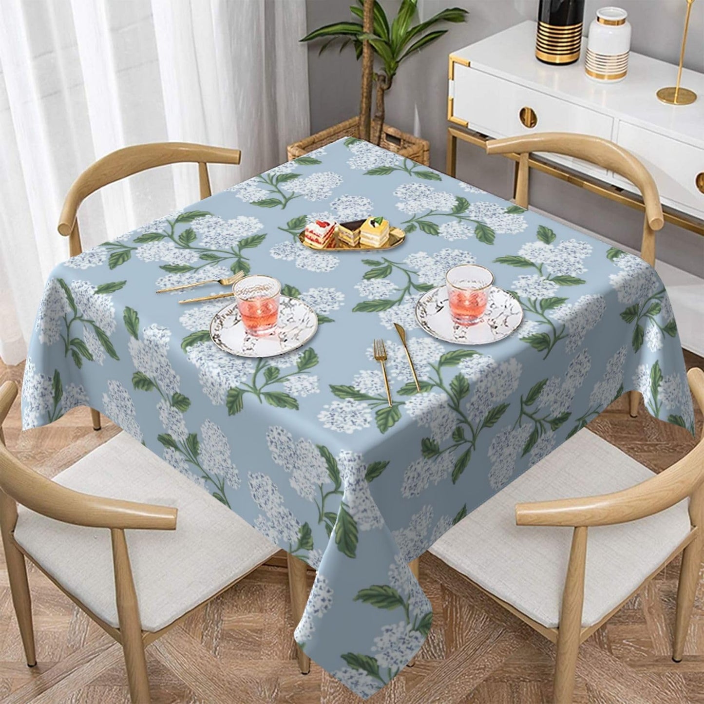 Light Blue Floral Square Tablecloth 54x54 Inch Blue Green Hydrangea Flower Table Cloth Spring Summer Holiday Table Covers Polyester Indoor Outdoor Farmhouse Tablecloths for Kitchen Dining Party