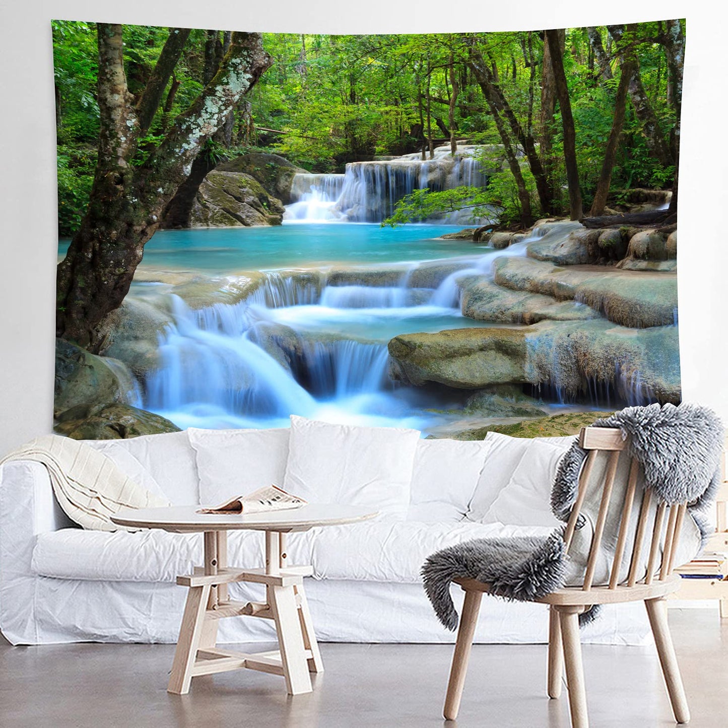 WODEJIA Forest Waterfall Fabric Tapestry Decorative Wall Art Tablecloth Bedspread Picnic Blanket Beach Throw Blanket Multifunctional for Bedroom Dormitory Living Room Hanging 79 x 59 Inches