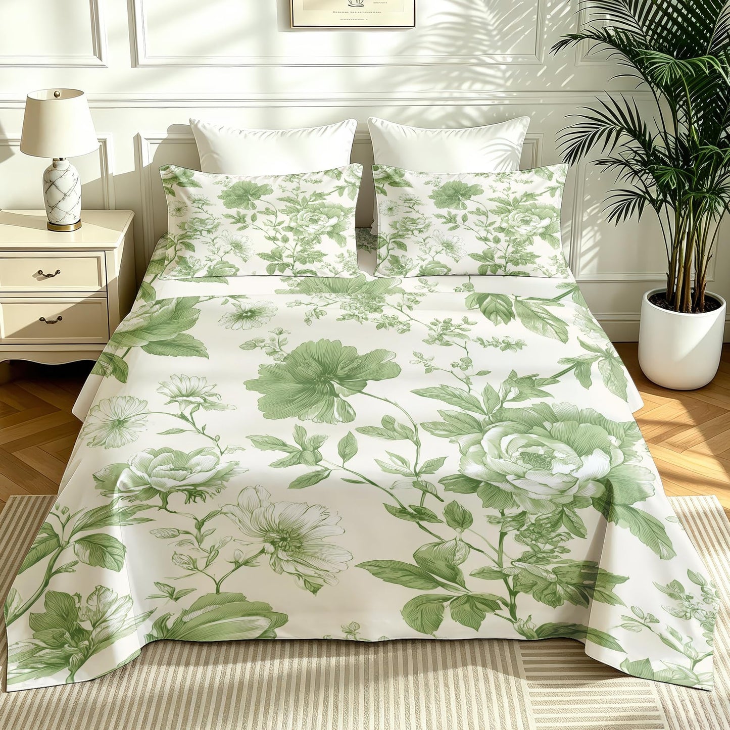 Green Floral California King Bedding Set Farmhouse Botanical Sheet Sets
