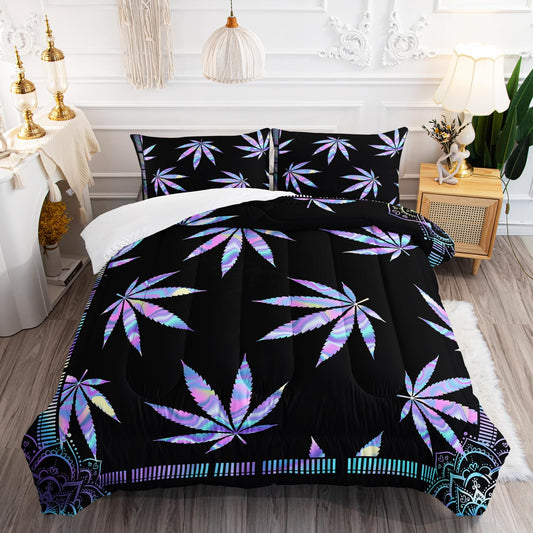AILONEN Marijuana Weed Leaf Comforter Set,Cannabis Leaves Bohemian Bedding Set, Queen Size Comforter Set,Colorful Bright Leaves Pattern Bed in a Bag Duvet Set 3 Pieces, 1 Quilt and 2 Pillowcases
