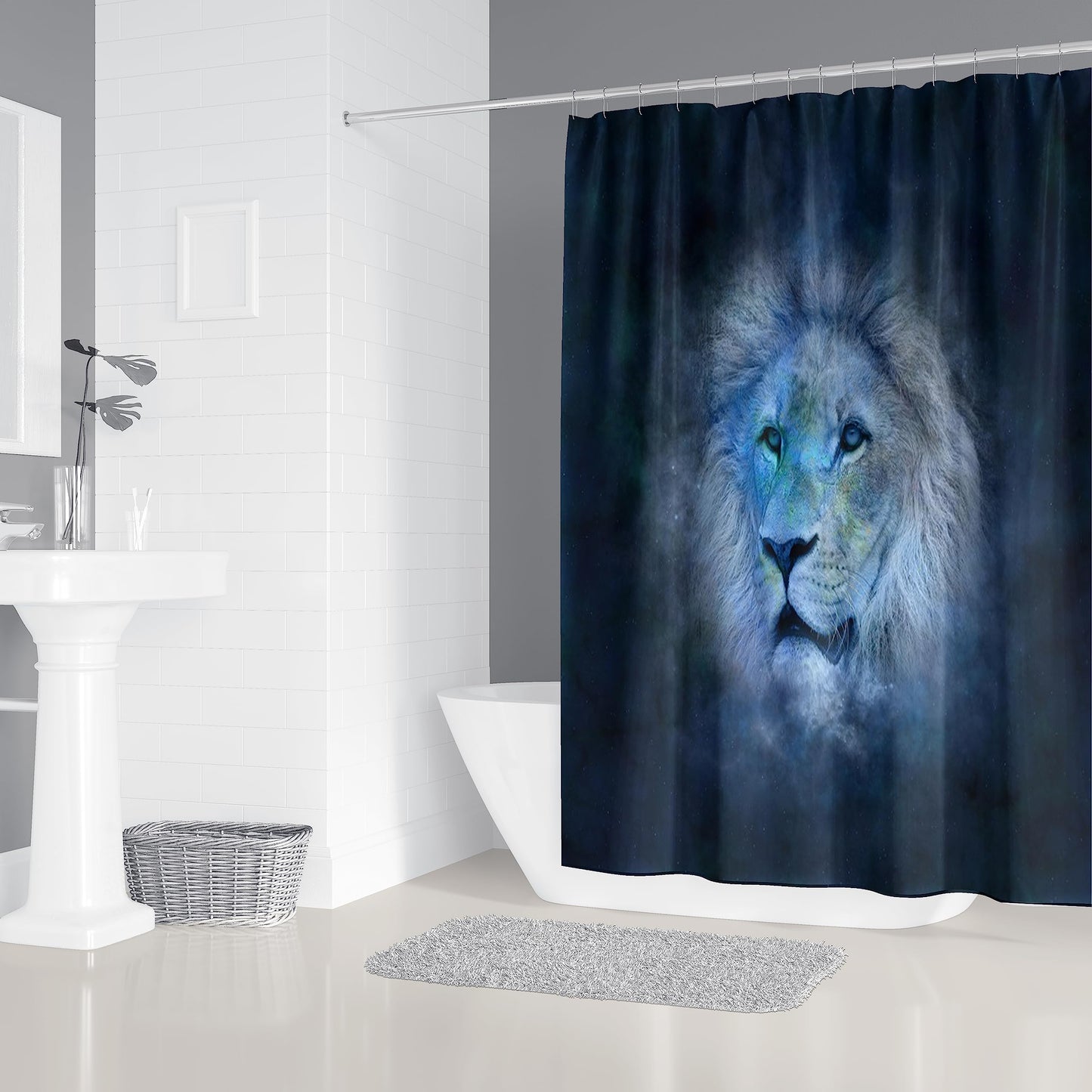 4PCS Navy Blue Lion Shower Curtain Set, Animal Style Bathroom Decor