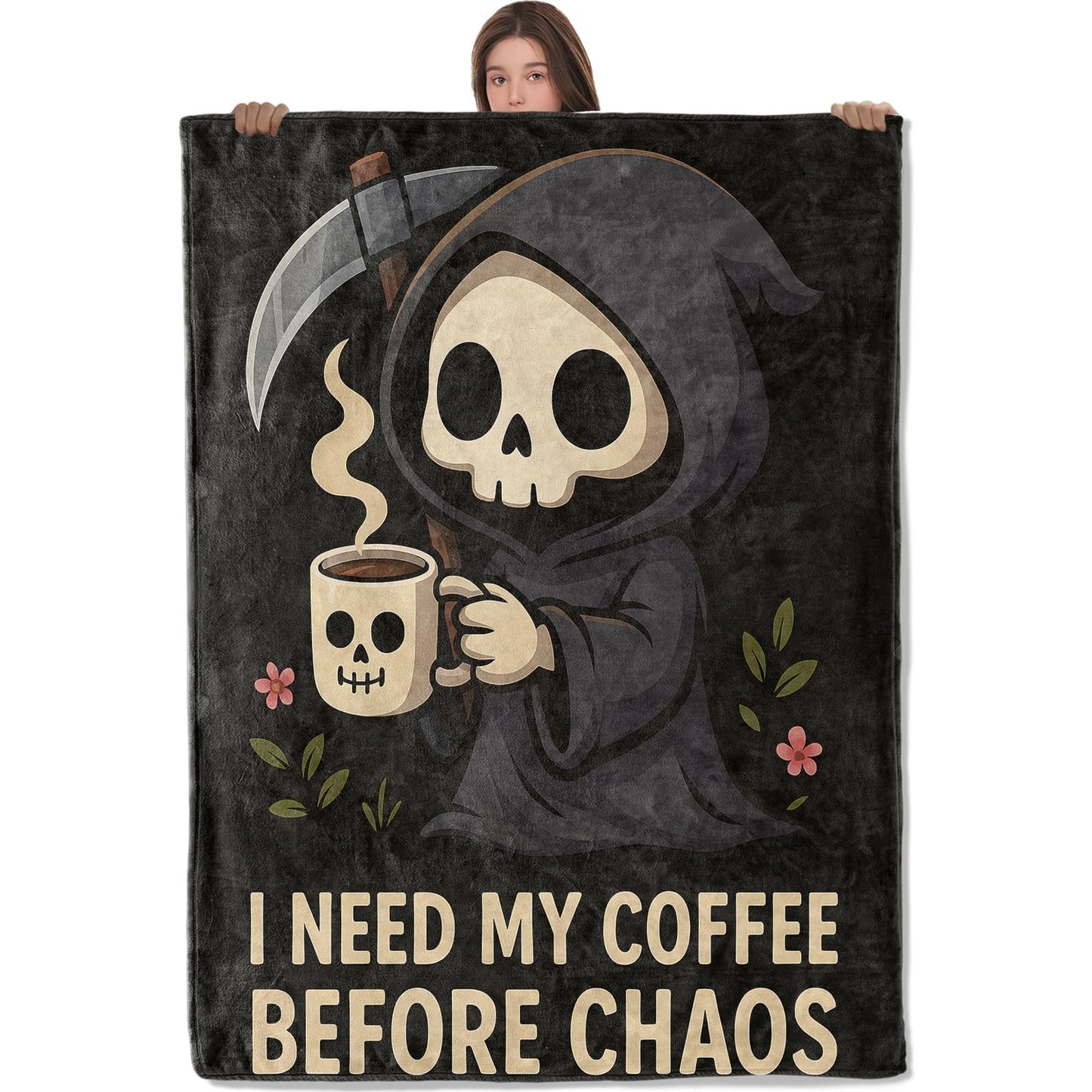 Wanoryer Grim Reaper Coffee Blanket, Comfy & Warm Flannel Throw Blanket for Couch, Gifts for Women Adults Kids Goth Vibes, Soft Fuzzy Lightweight Travel Bed Blankets for Decor 50"×60"