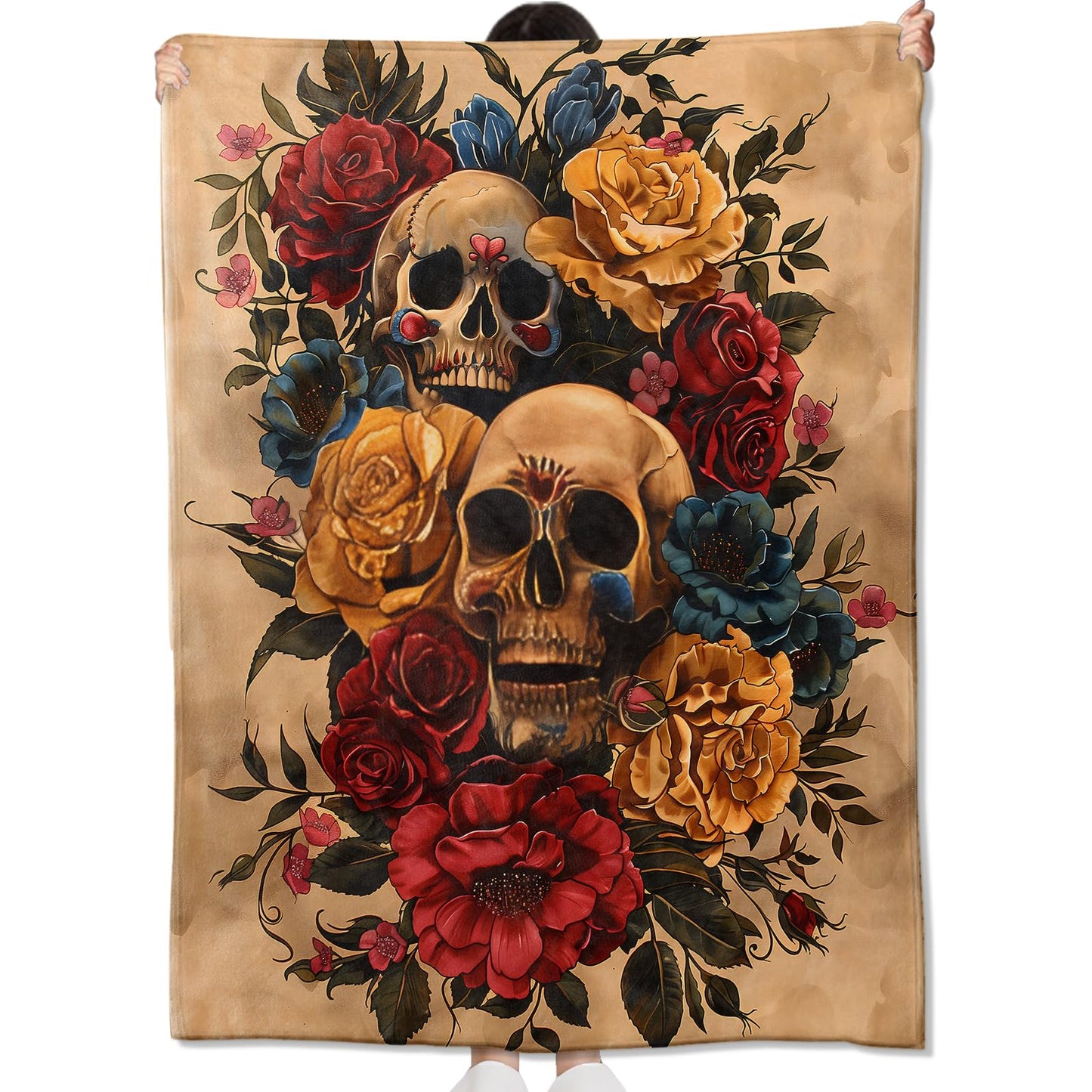 amepay Gothic Skull and Rose Blanket Gifts for Kids Adult Women,Goth Tattoo-Style Flannel Throw Blankets,Soft Comfy Lightweight for Halloween Couch Bed Sofa Bold Modern Decor,Horror Lovers 60x50in