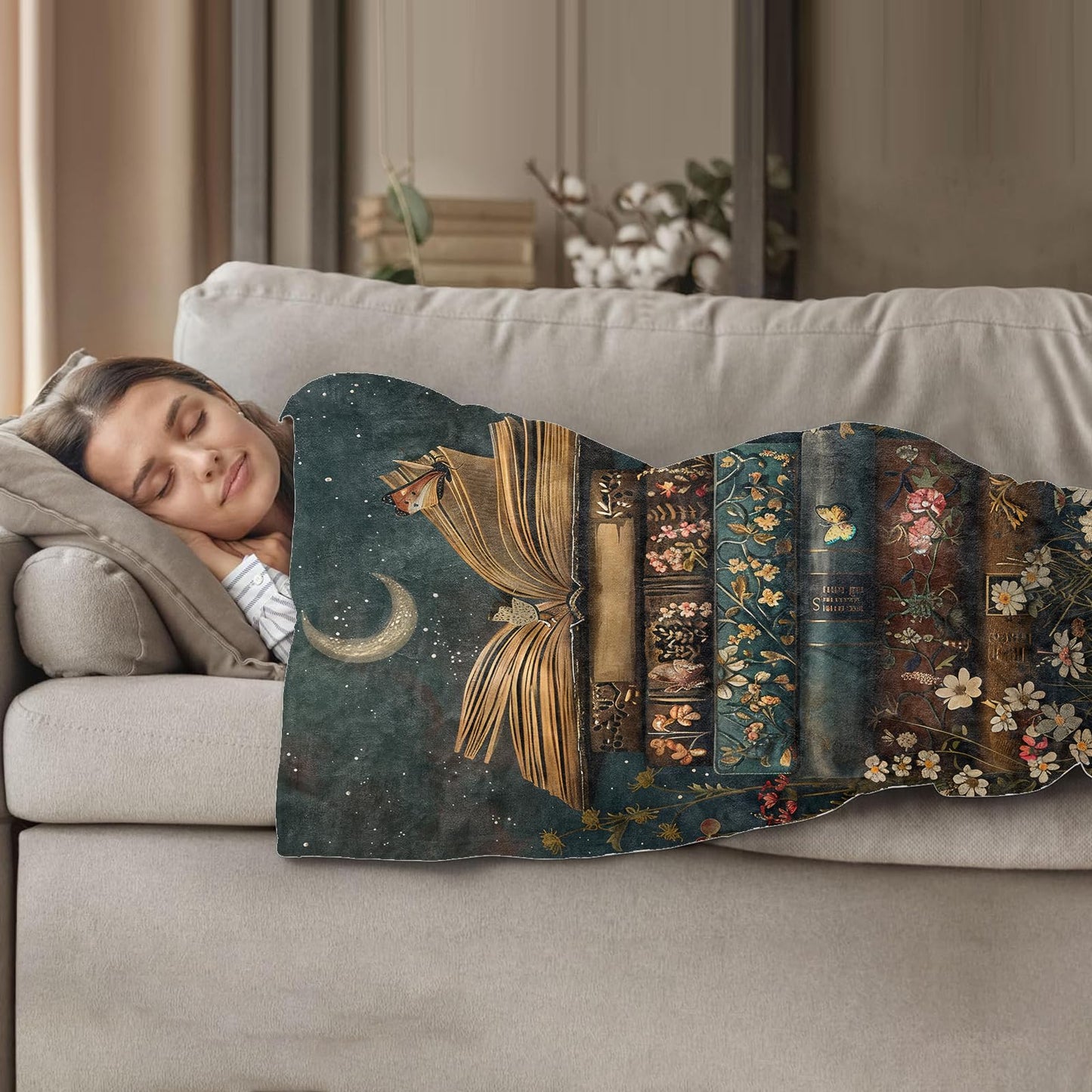 Plistiz Floral Book Stack Throw Blanket for Women Girls Boys, Soft Flannel Blankets Gifts for Living Room Couch, Home, Sofa Decor, 50"x60"