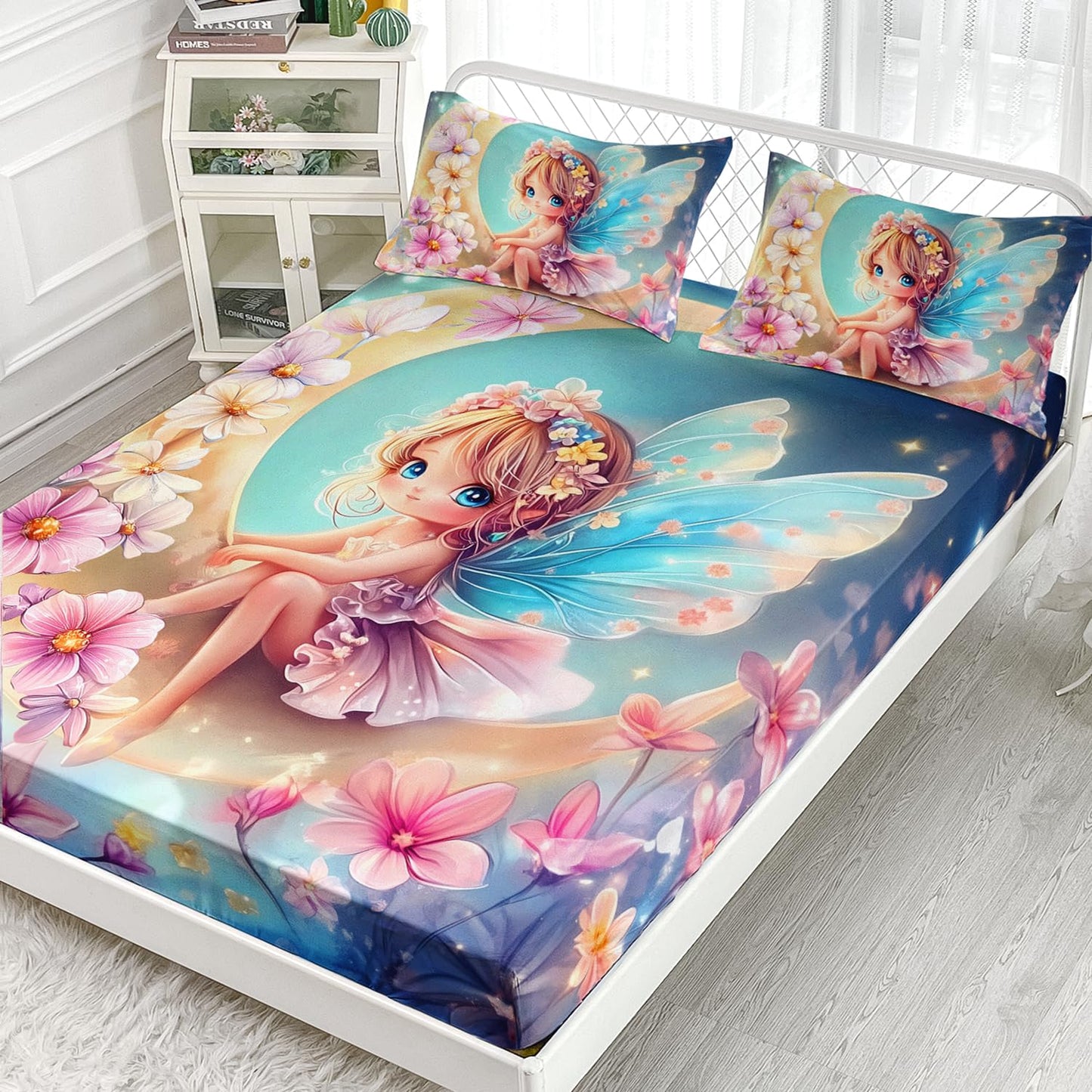 AILONEN Beautiful Fairy Girls Fitted Sheet Set Twin Size for Kids,Pink Flower Fairy Bed Sheet Set,Cartoon Moon Butterfly Girls Kawaii Bedding Set,1 Fitted Sheet with 2 Pillowcases,3-Piece