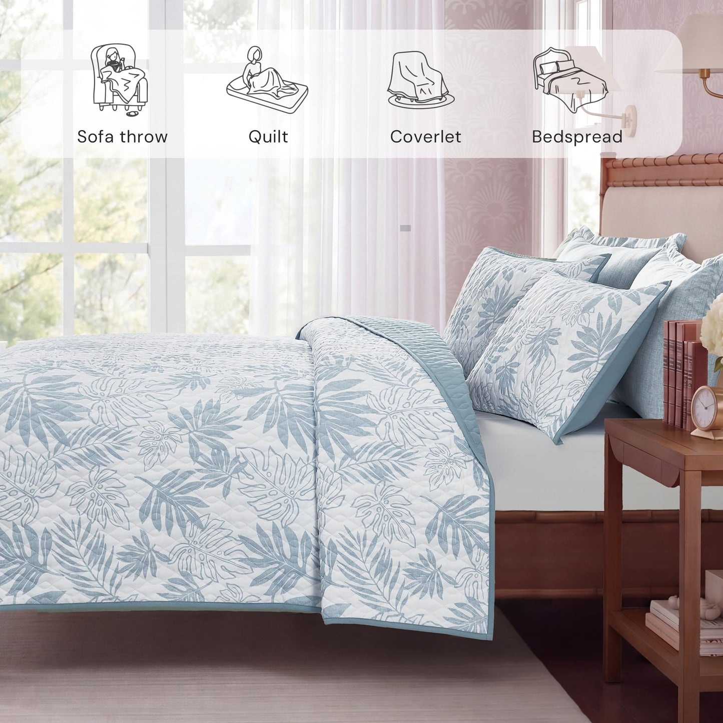 BLOOMHAVEN Quilt Set Queen Size, Moonstone Tropical Quilt Sets, Reversible Bedspread Lightweight and Breathable for All Seasons, Soft Quilted Bedspread with 2 Pillow Shams