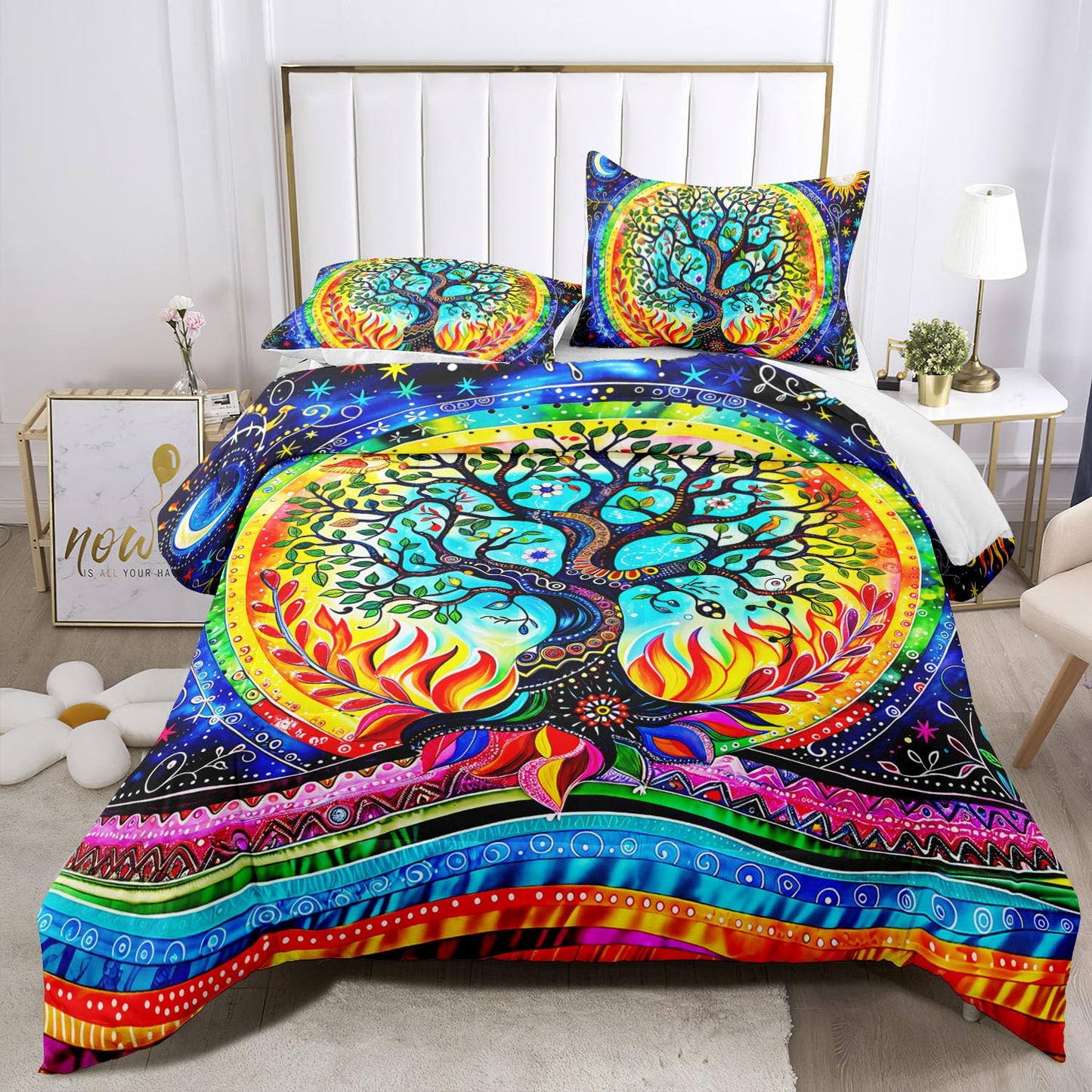 Raphus cucullatus Tree of Life Comforter Set Queen,Black Goth Queen Comforter Set,Queen Hippie Bedding Sets,Queen Size Bedding Set Gothic,Boho Queen Comforter Set,Queen Size Rainbow Bedding Set