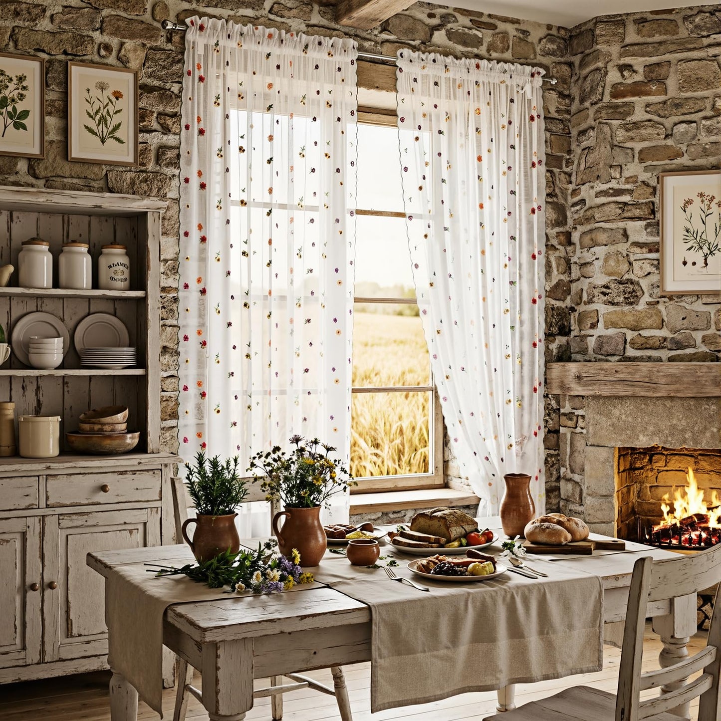Gilprop White Embroidery Daisy Sheer Curtains 84 Inches Long, Rod Pocket Sheer Drapes for Living Room Bedroom, 2 Panels, 52" W x 84" L, Country Rustic Embroidered Florals Tulle Window Curtains