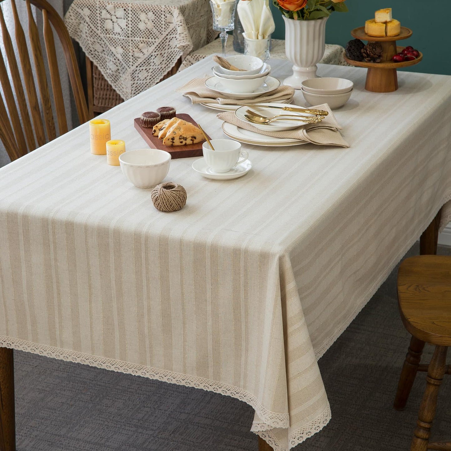 Linen Textured Rectangle/Oblong Tablecloth with Lace Trim Yarn-dyed Golden Purl StripeTable Cover for Buffet Banquet Parties Event Holiday Farmhouse Kitchen Dining Table Cloth Decor 52x70 In